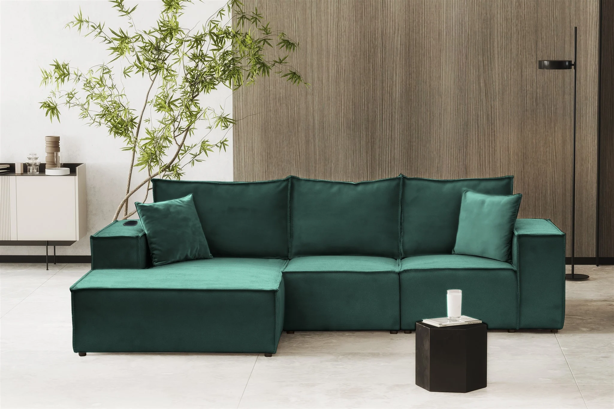 Ecksofa Sofa ALVARO inkl. QI Ladegerät Stoff Opera Velvet Petrol Ottomane Links - Fun Möbel