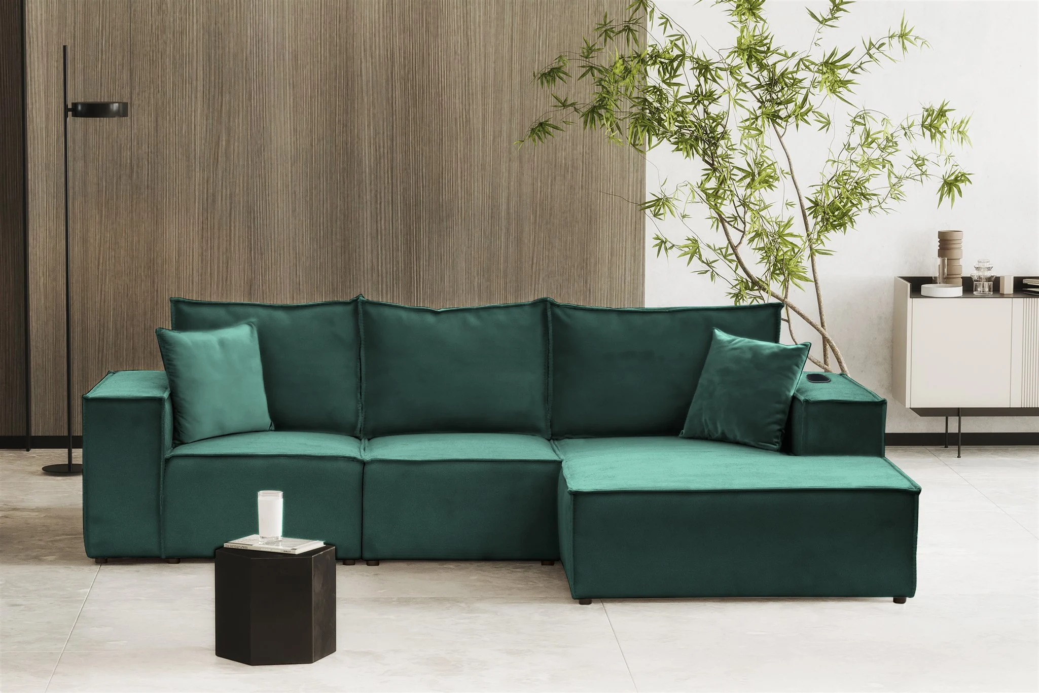 Ecksofa Sofa ALVARO inkl. QI Ladegerät Stoff Opera Velvet Petrol Ottomane Rechts - Fun Möbel