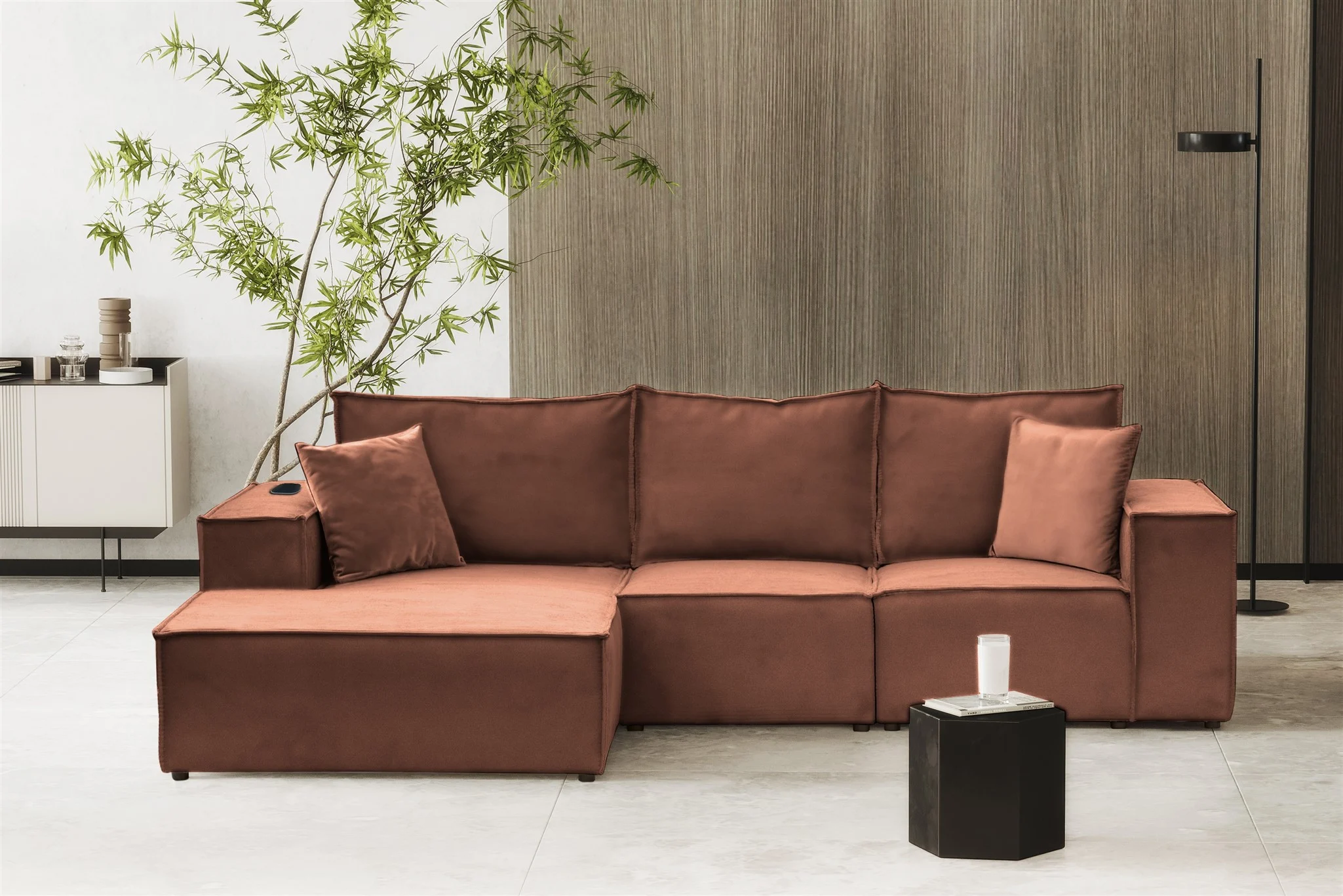 Ecksofa Sofa ALVARO inkl. QI Ladegerät Stoff Opera Velvet Altrosa Ottomane Links - Fun Möbel