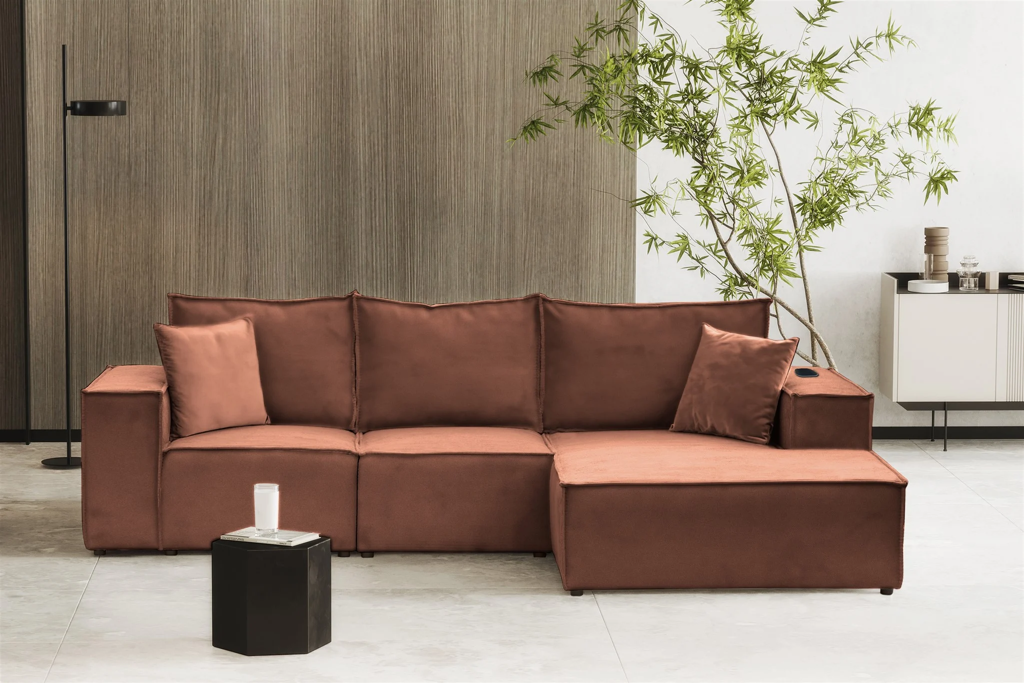 Ecksofa Sofa ALVARO inkl. QI Ladegerät Stoff Opera Velvet Altrosa Ottomane Rechts - Fun Möbel