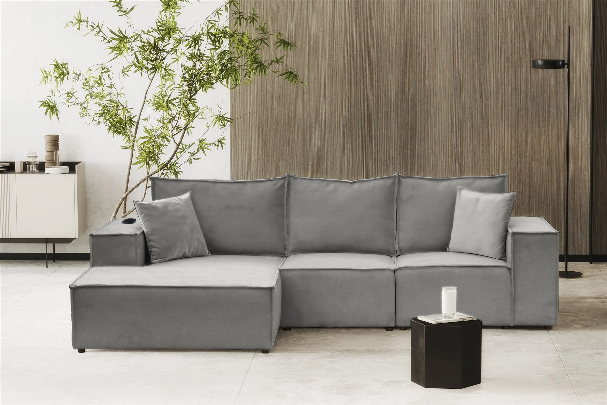 Ecksofa Sofa ALVARO inkl. QI Ladegerät Stoff Opera Velvet Grau Ottomane Links - Fun Möbel