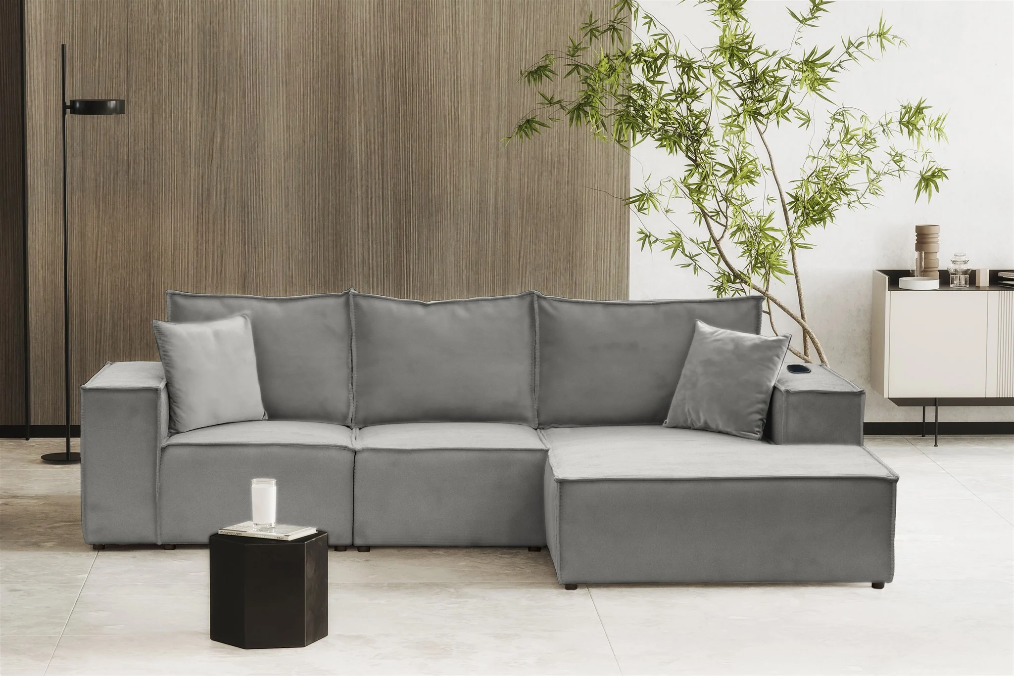 Ecksofa Sofa ALVARO inkl. QI Ladegerät Stoff Opera Velvet Grau Ottomane Rechts - Fun Möbel