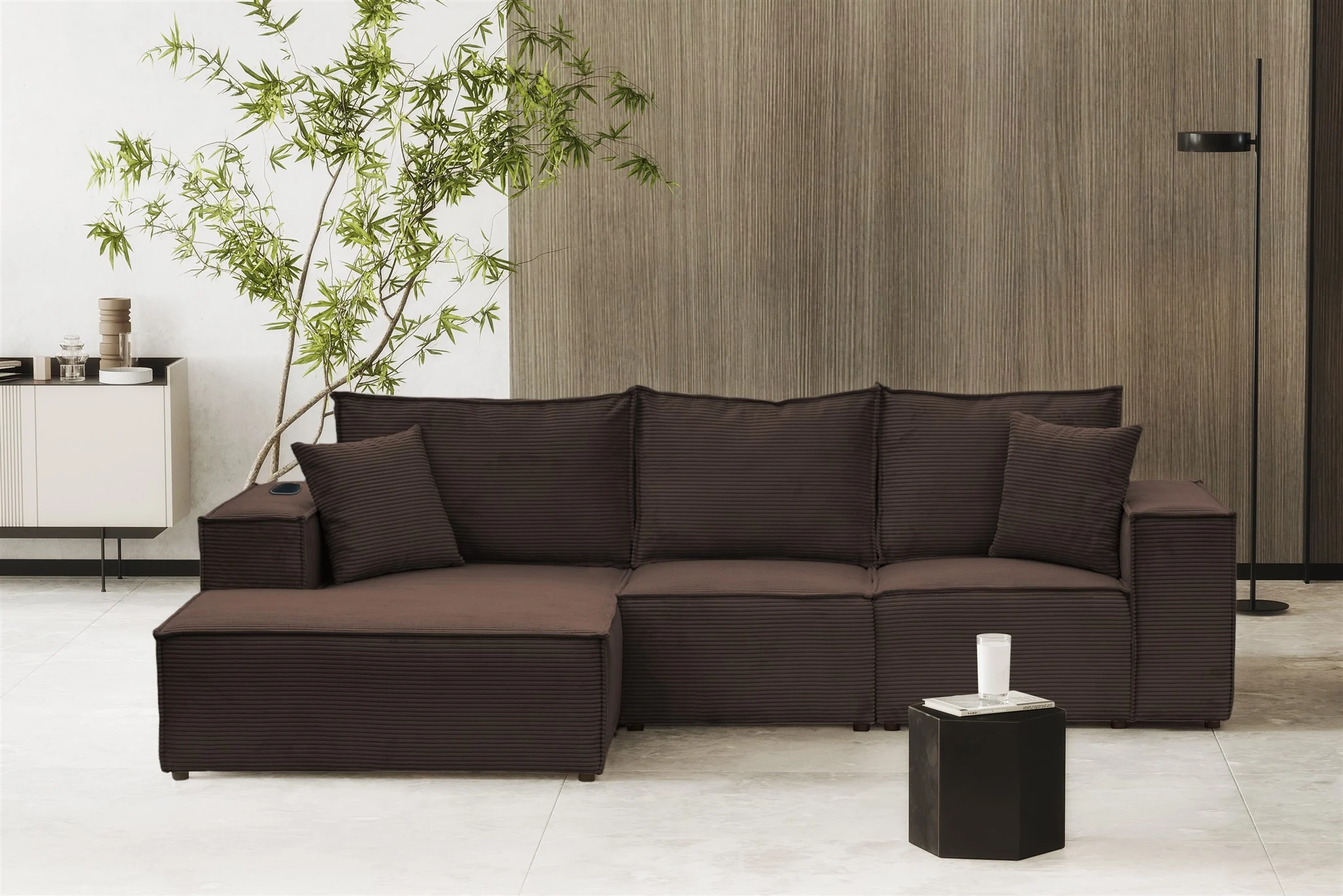 Ecksofa Sofa ALVARO inkl. QI Ladegerät Stoff Poso Braun Ottomane Links - Fun Möbel