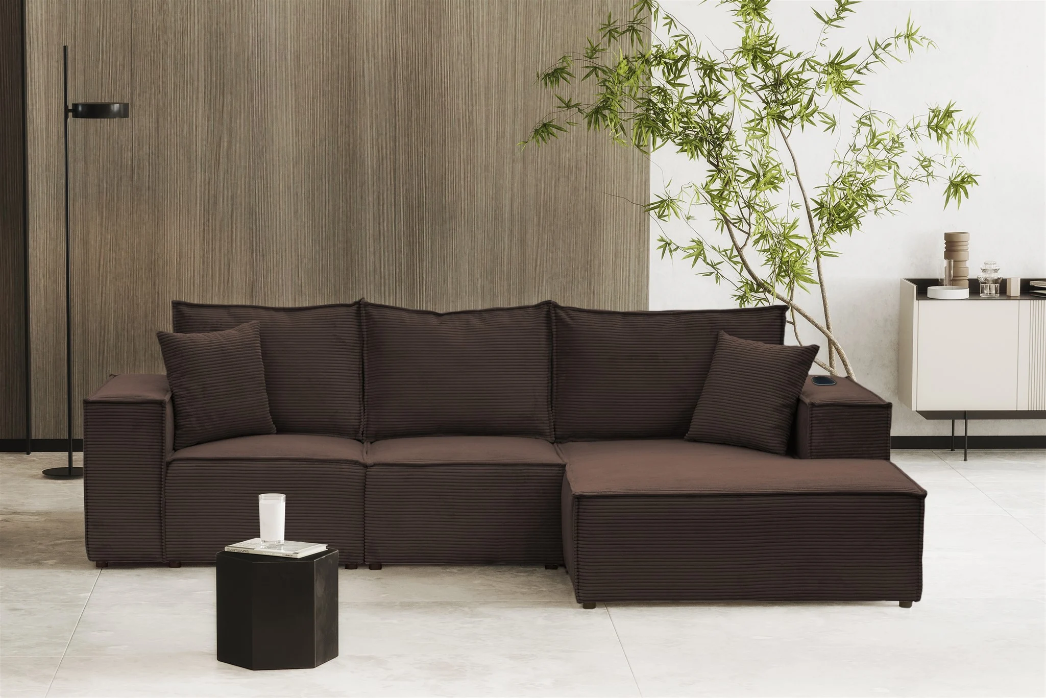 Ecksofa Sofa ALVARO inkl. QI Ladegerät Stoff Poso Braun Ottomane Rechts - Fun Möbel