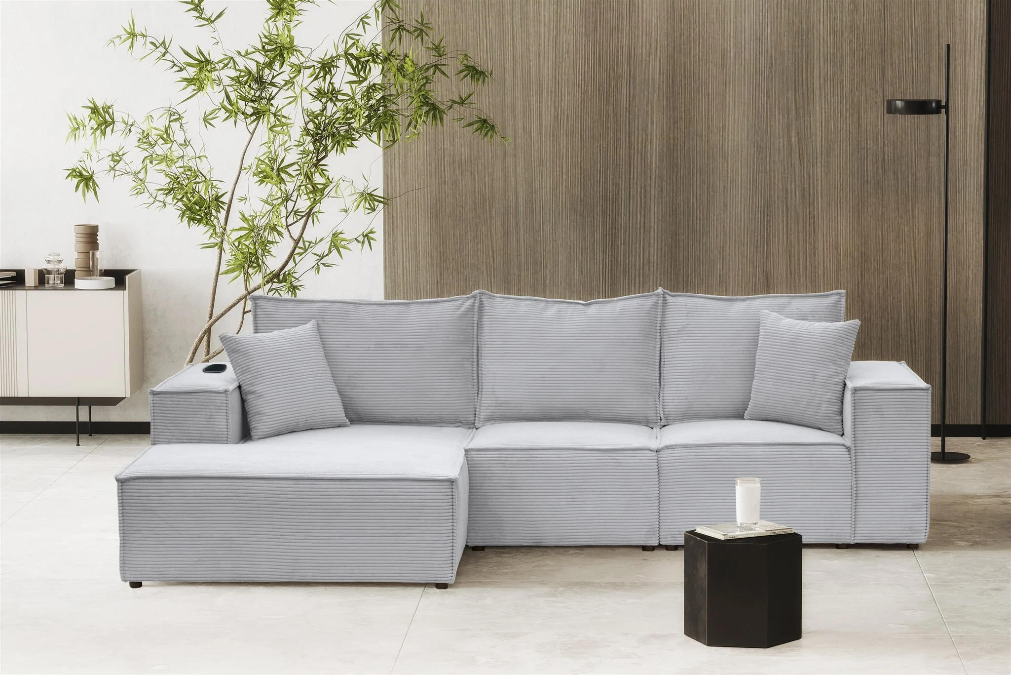 Ecksofa Sofa ALVARO inkl. QI Ladegerät Stoff Poso Hellgrau Ottomane Links - Fun Möbel