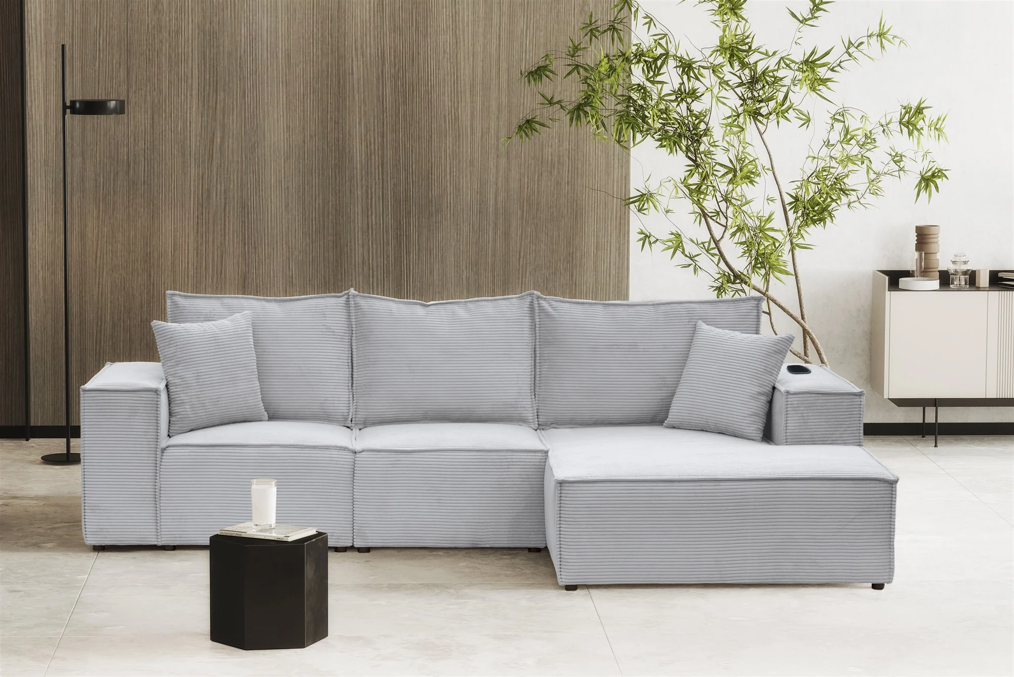 Ecksofa Sofa ALVARO inkl. QI Ladegerät Stoff Poso Hellgrau Ottomane Rechts - Fun Möbel