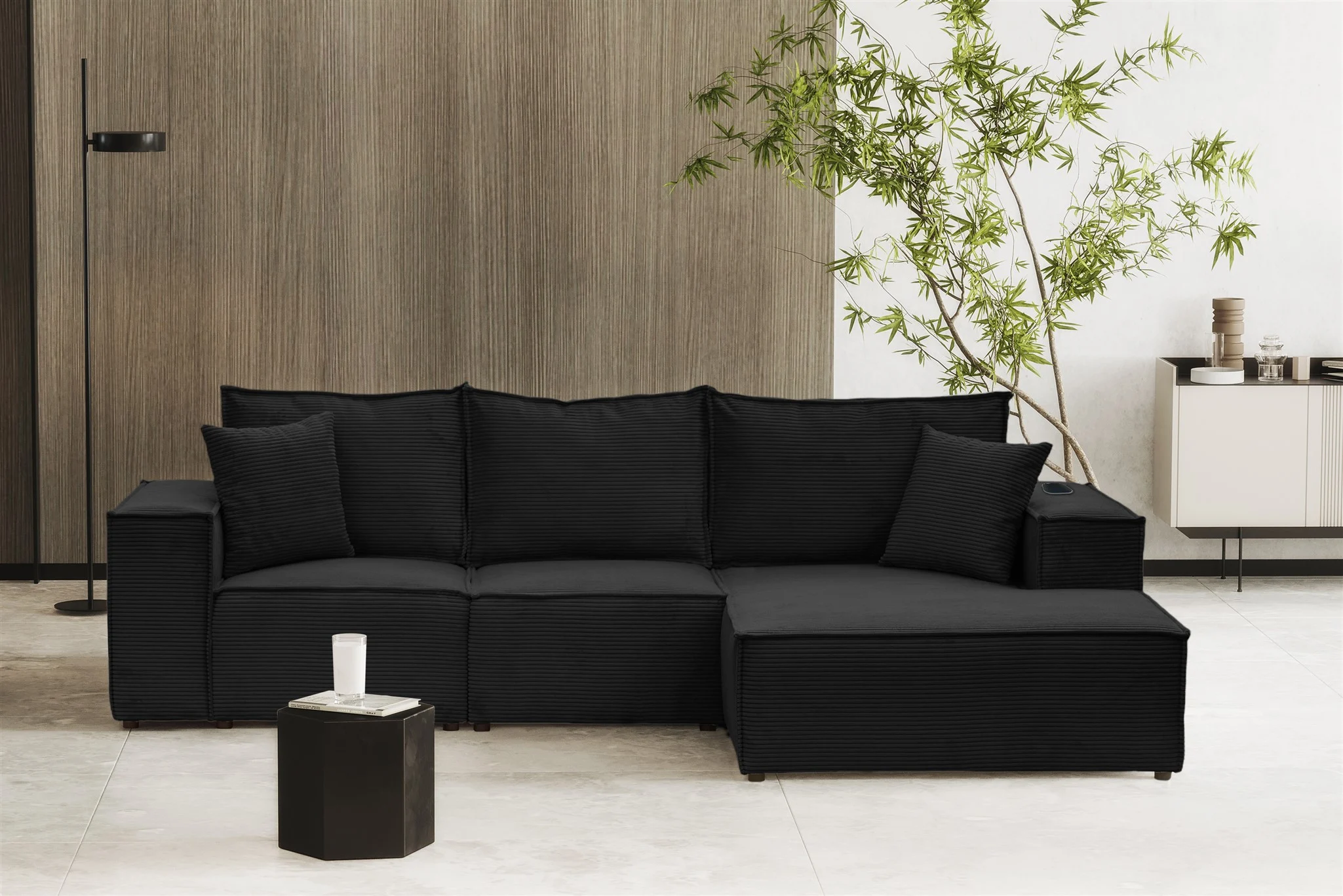 Ecksofa Sofa ALVARO inkl. QI Ladegerät Stoff Poso Schwarz Ottomane Rechts - Fun Möbel