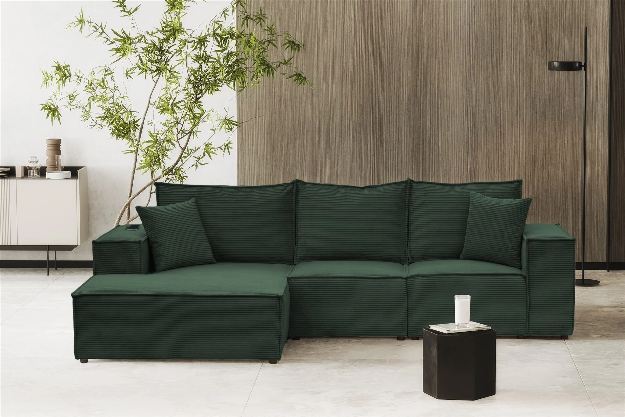 Ecksofa Sofa ALVARO inkl. QI Ladegerät Stoff Poso Grün Ottomane Links - Fun Möbel