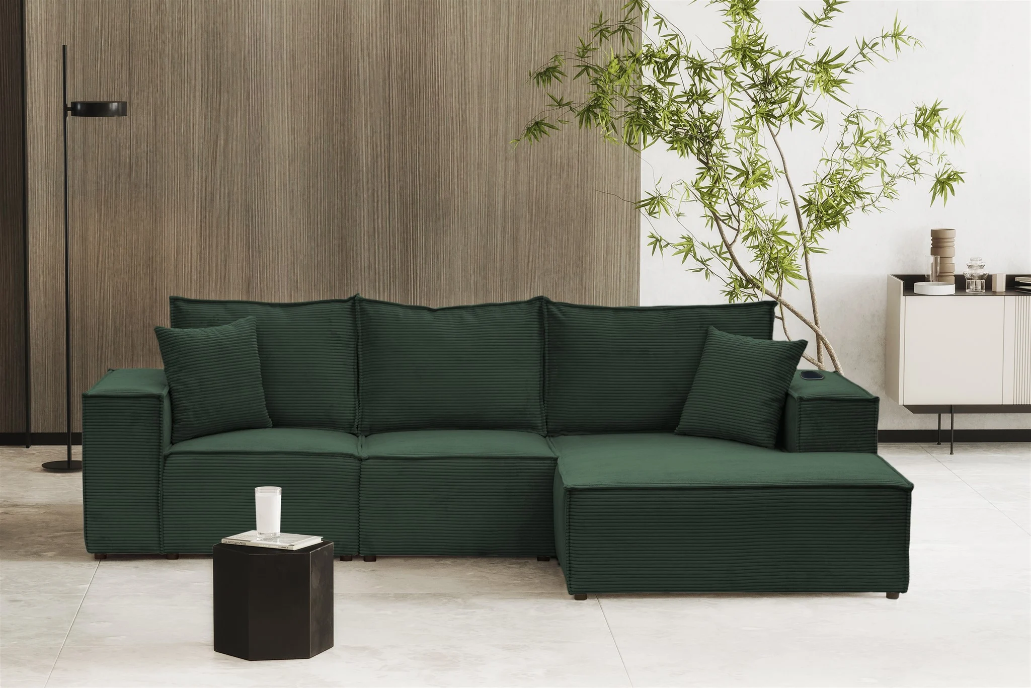 Ecksofa Sofa ALVARO inkl. QI Ladegerät Stoff Poso Grün Ottomane Rechts - Fun Möbel