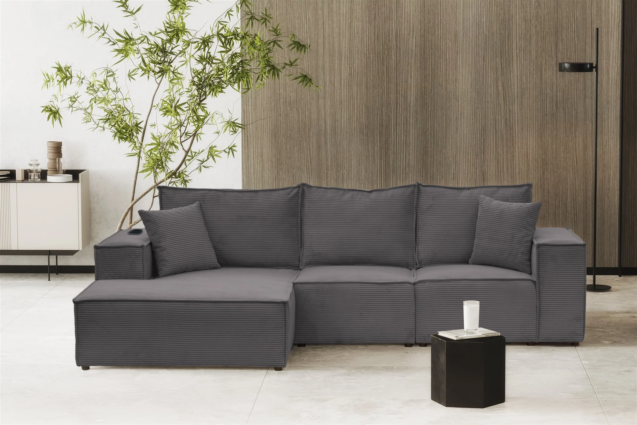 Ecksofa Sofa ALVARO inkl. QI Ladegerät Stoff Poso Dunkelgrau Ottomane Links - Fun Möbel
