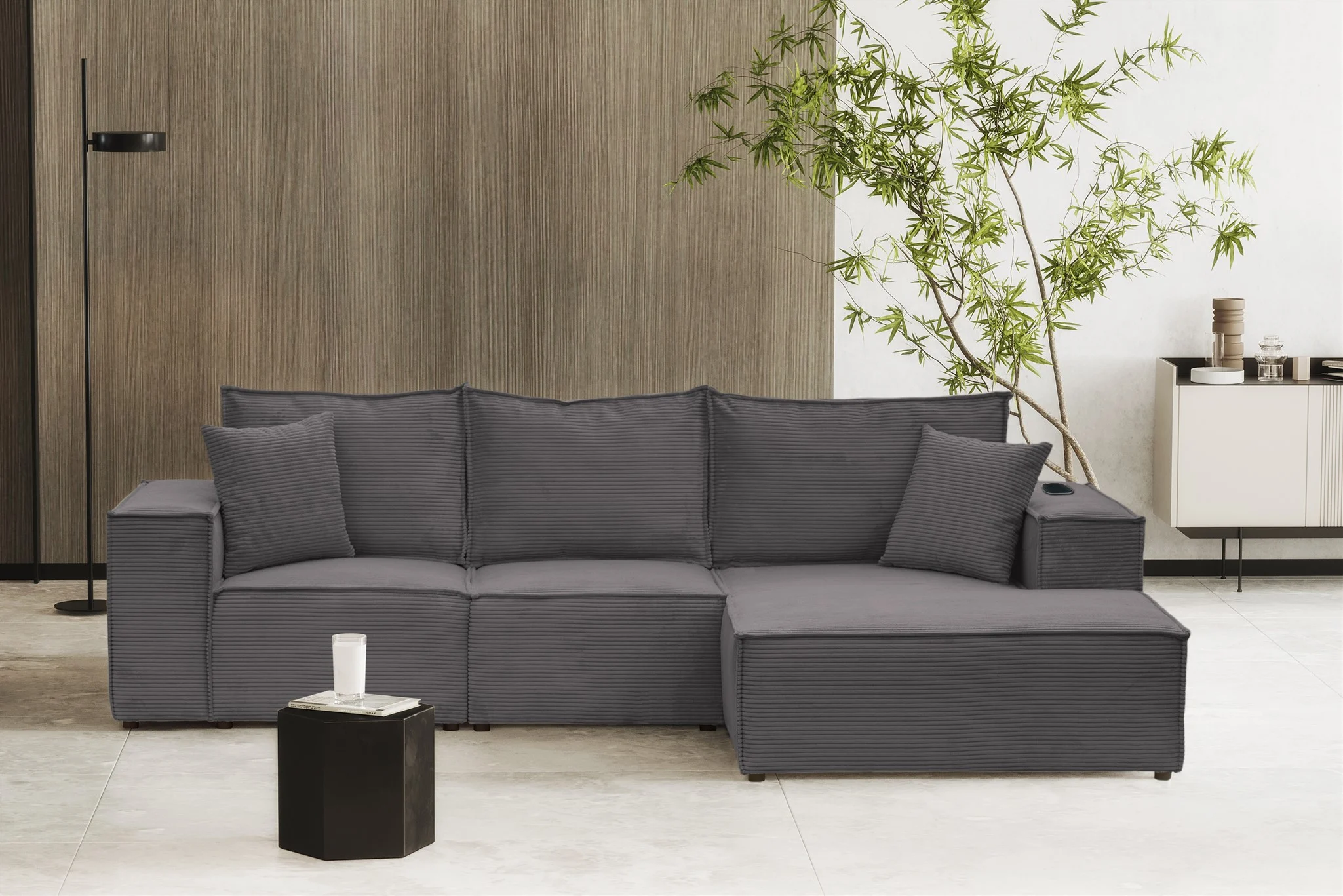 Ecksofa Sofa ALVARO inkl. QI Ladegerät Stoff Poso Dunkelgrau Ottomane Rechts - Fun Möbel
