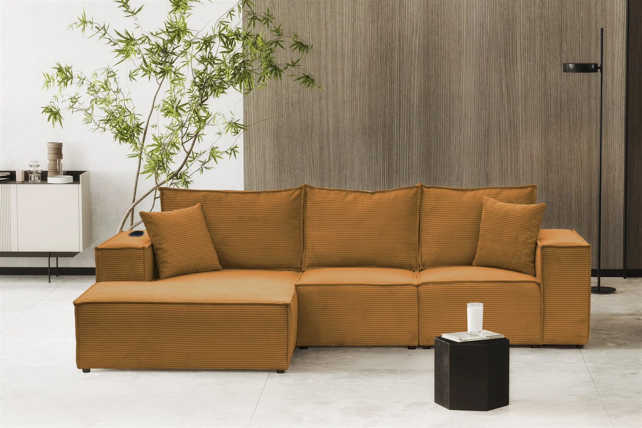 Ecksofa Sofa ALVARO inkl. QI Ladegerät Stoff Poso Senfgelb Ottomane Links - Fun Möbel