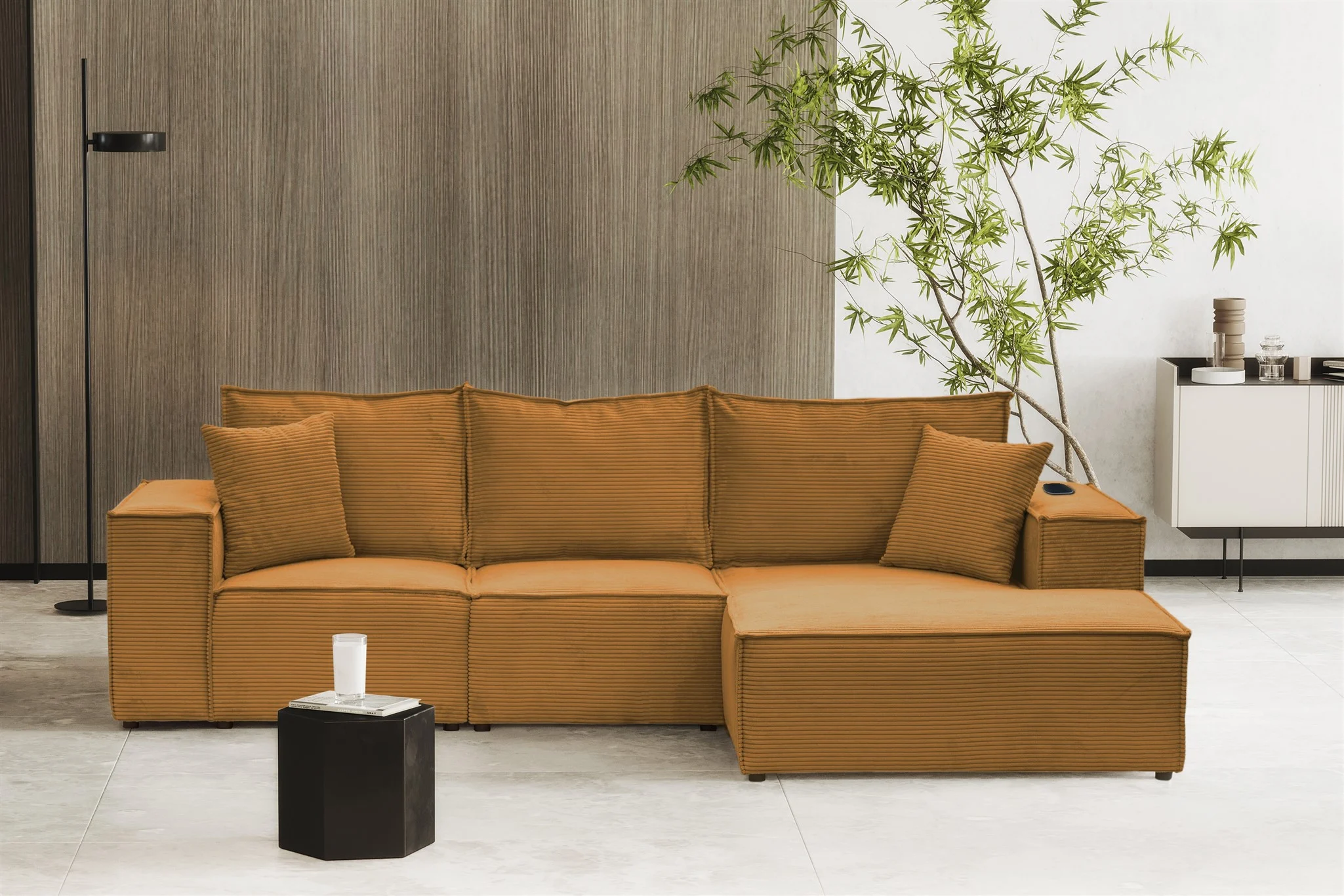 Ecksofa Sofa ALVARO inkl. QI Ladegerät Stoff Poso Senfgeld Ottomane Rechts - Fun Möbel