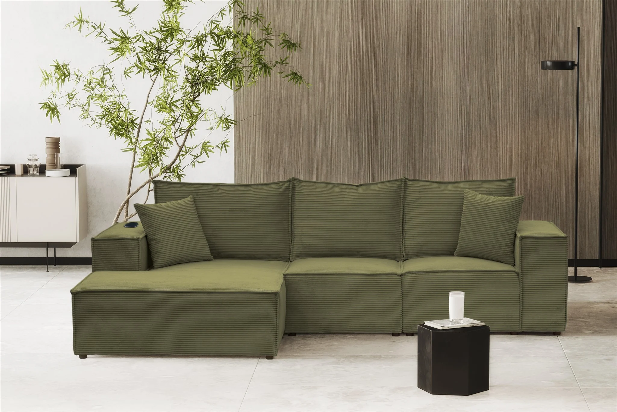 Ecksofa Sofa ALVARO inkl. QI Ladegerät Stoff Poso Olivgrün Ottomane Links - Fun Möbel