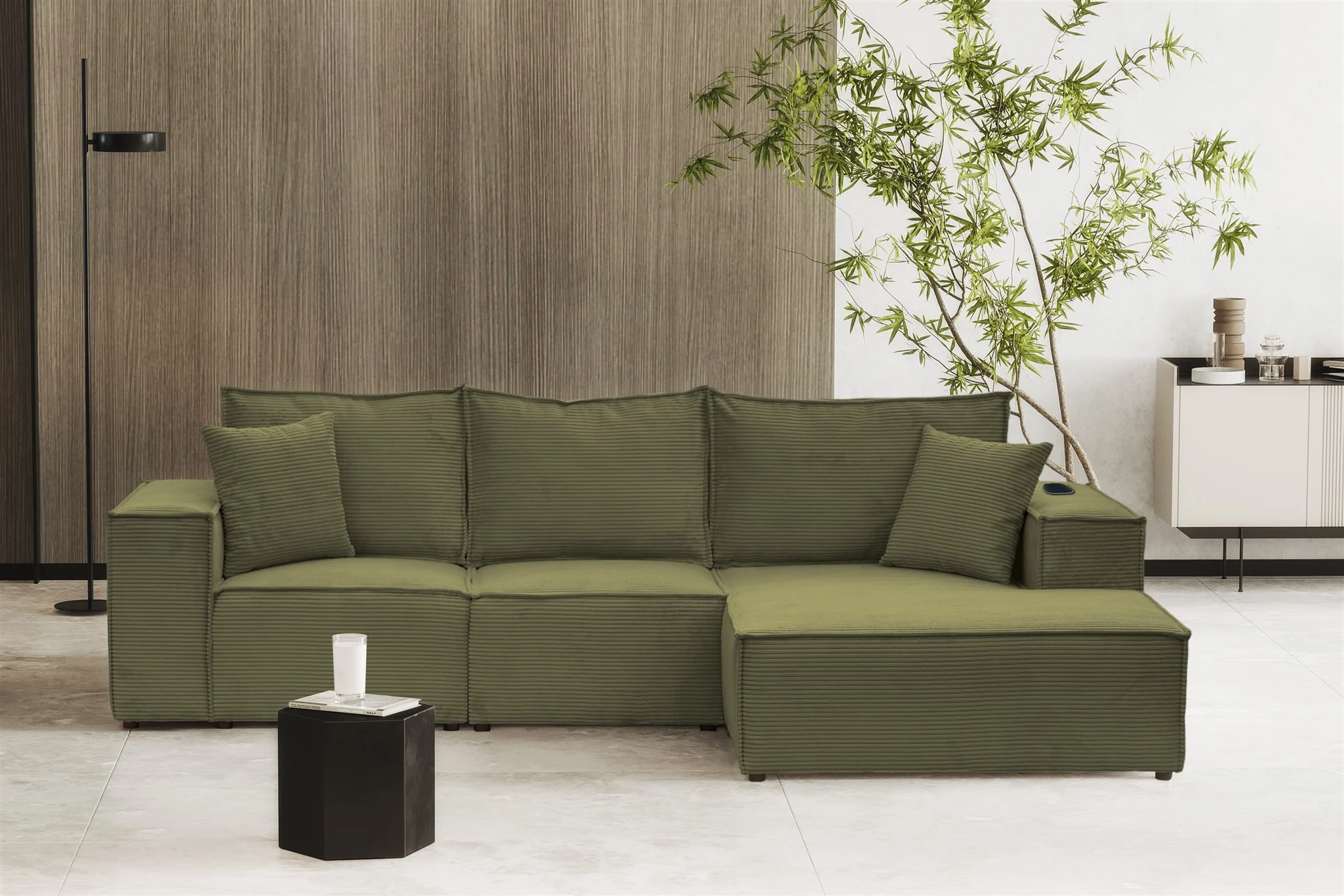 Ecksofa Sofa ALVARO inkl. QI Ladegerät Stoff Poso Olivgrün Ottomane Rechts - Fun Möbel