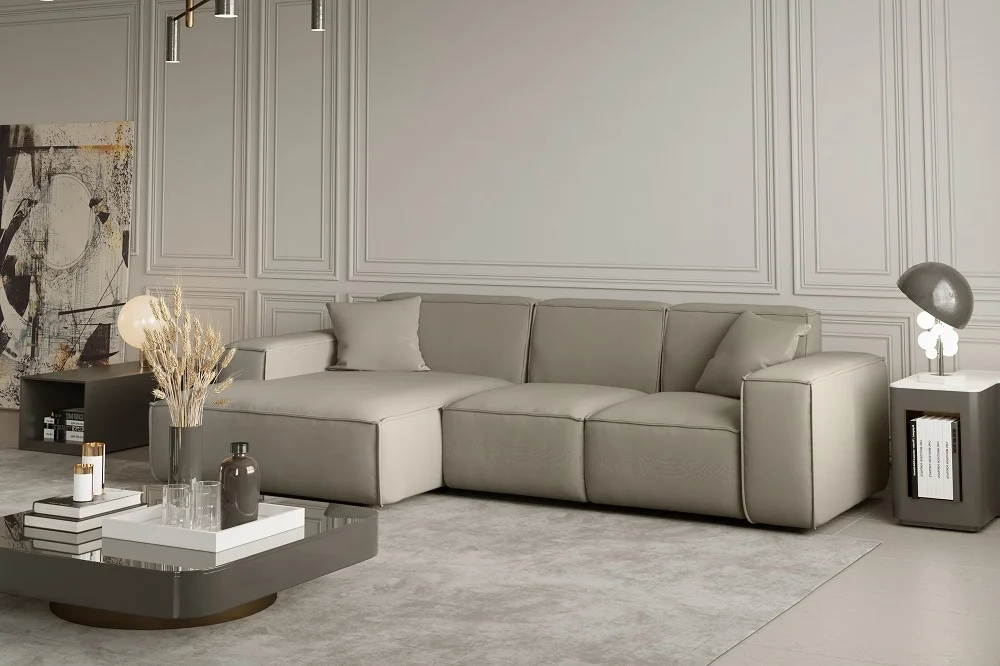 Ecksofa Designersofa CELES in Stoff Opera Velvet Creme Ottomane Links - Fun Moebel