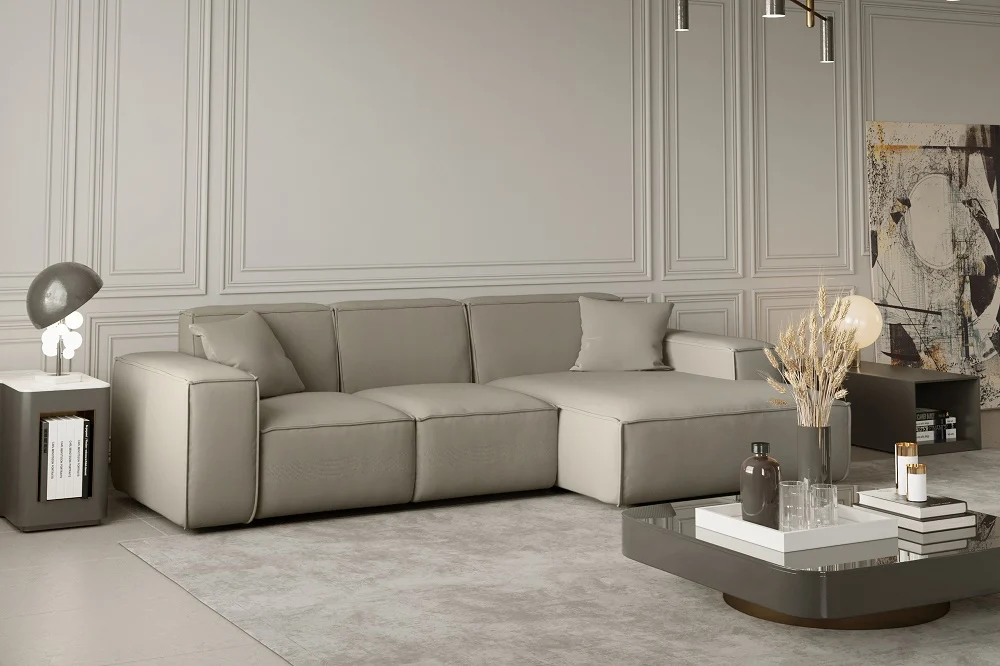 Ecksofa Designersofa CELES in Stoff Opera Velvet Creme Ottomane Rechts - Fun Moebel