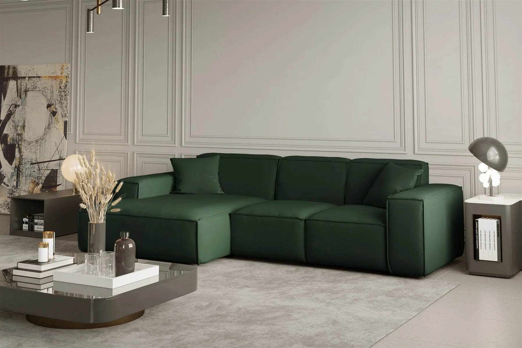Ecksofa Designersofa CELES in Stoff Opera Velvet Grün Ottomane Links - Fun Moebel