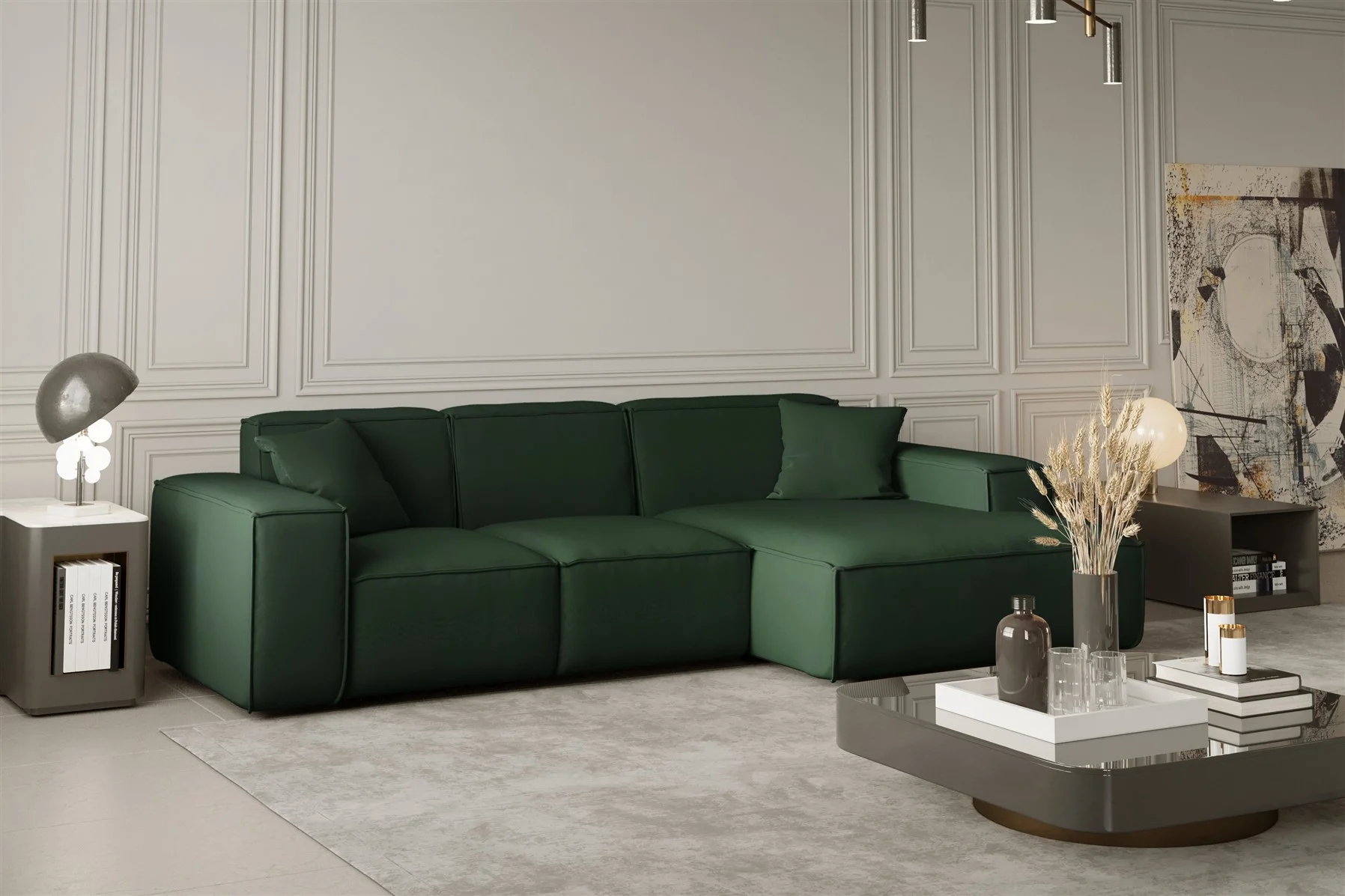 Ecksofa Designersofa CELES in Stoff Opera Velvet Grün Ottomane Rechts - Fun Moebel