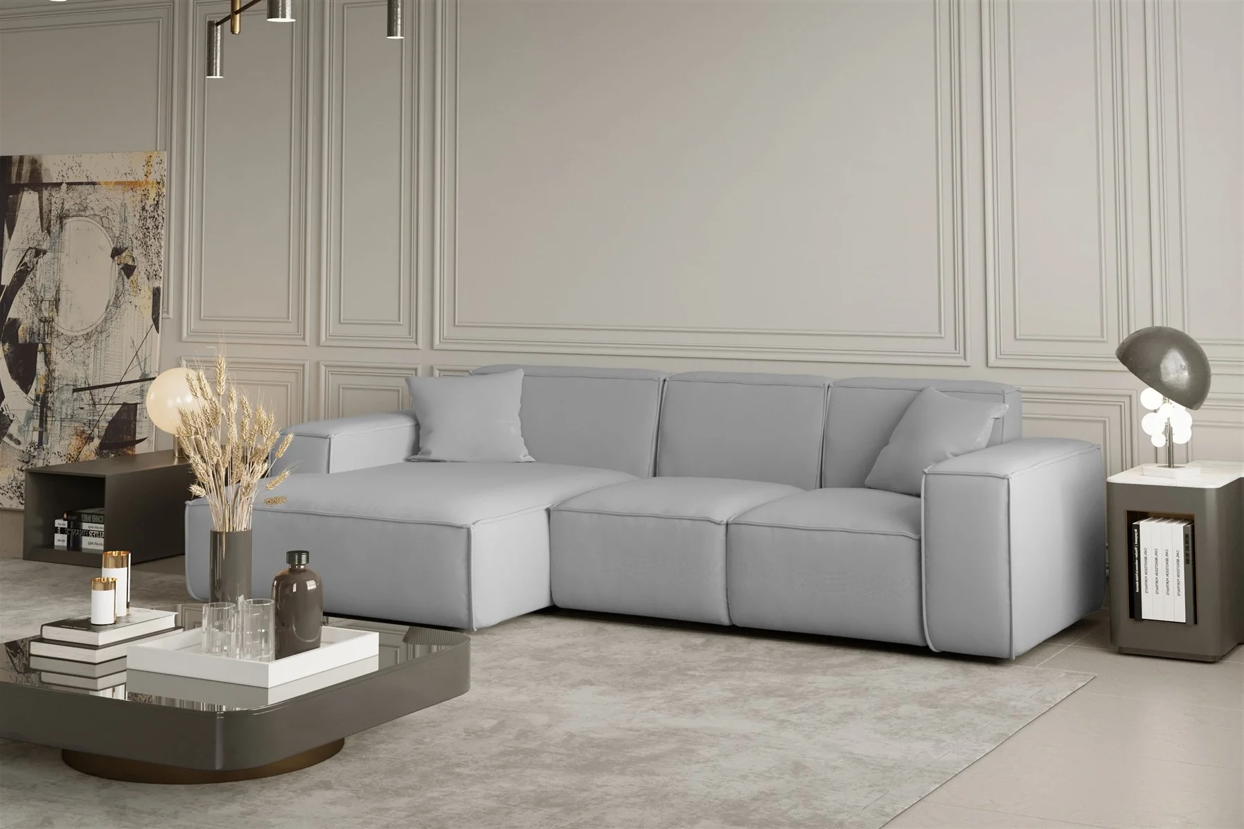 Ecksofa Designersofa CELES in Stoff Opera Velvet Hellgrau Ottomane Links - Fun Moebel