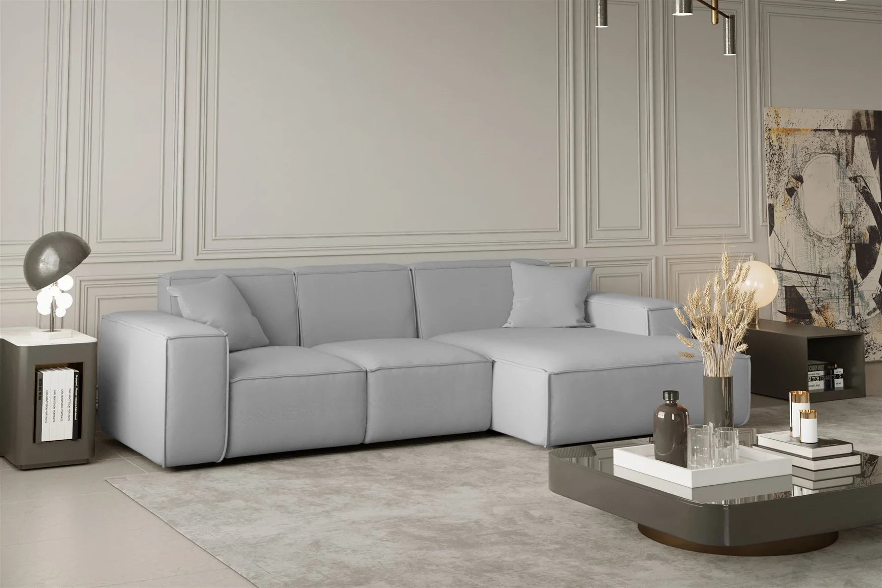 Ecksofa Designersofa CELES in Stoff Opera Velvet Hellgrau Ottomane Rechts - Fun Moebel