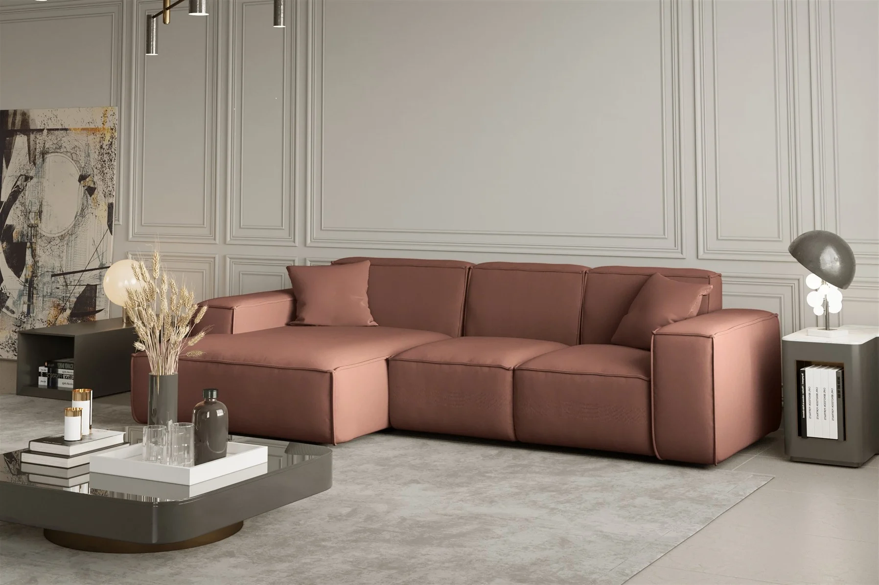 Ecksofa Designersofa CELES in Stoff Opera Velvet Kupferbraun Ottomane Links - Fun Moebel