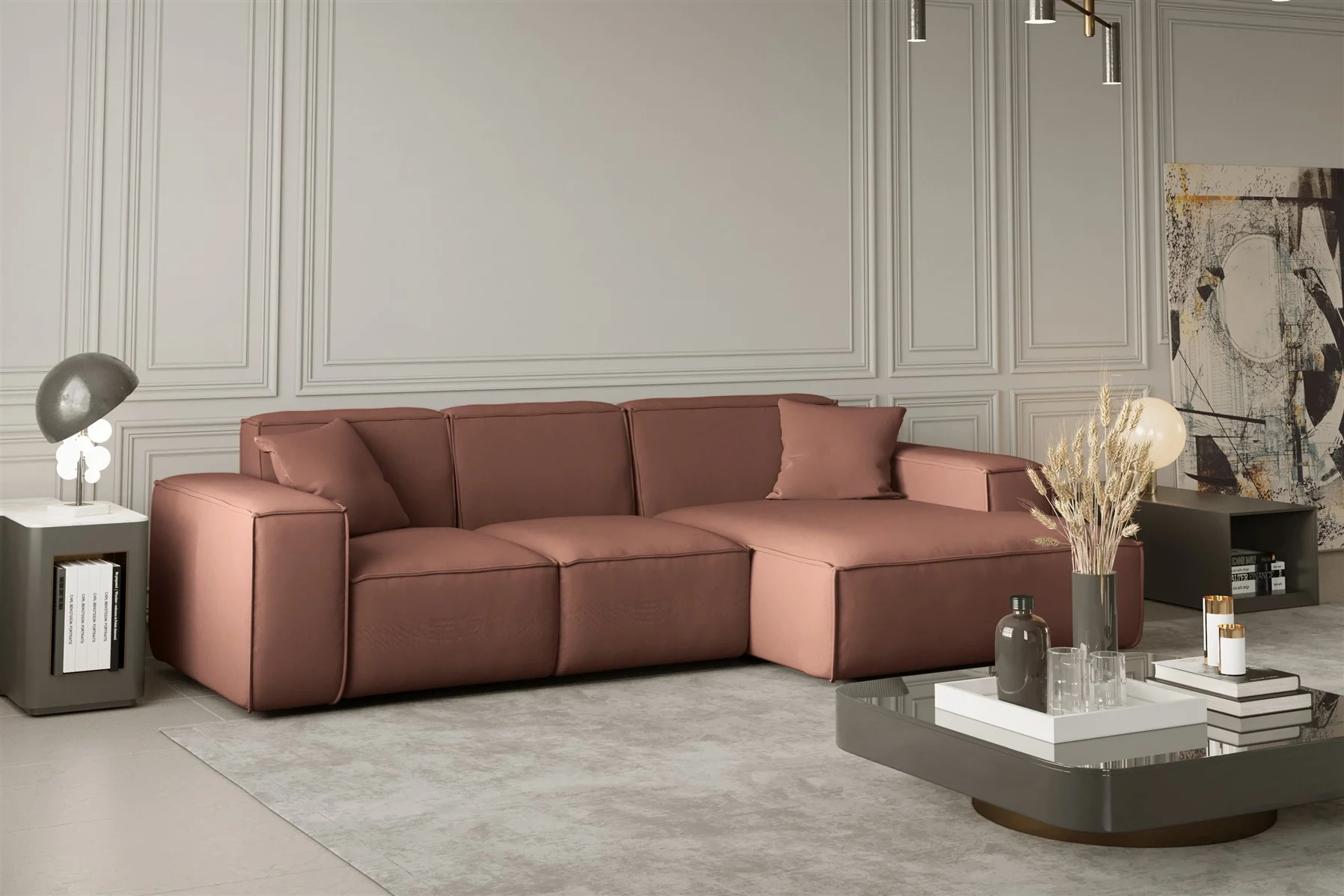 Ecksofa Designersofa CELES in Stoff Opera Velvet Kupferbraun Ottomane Rechts - Fun Moebel