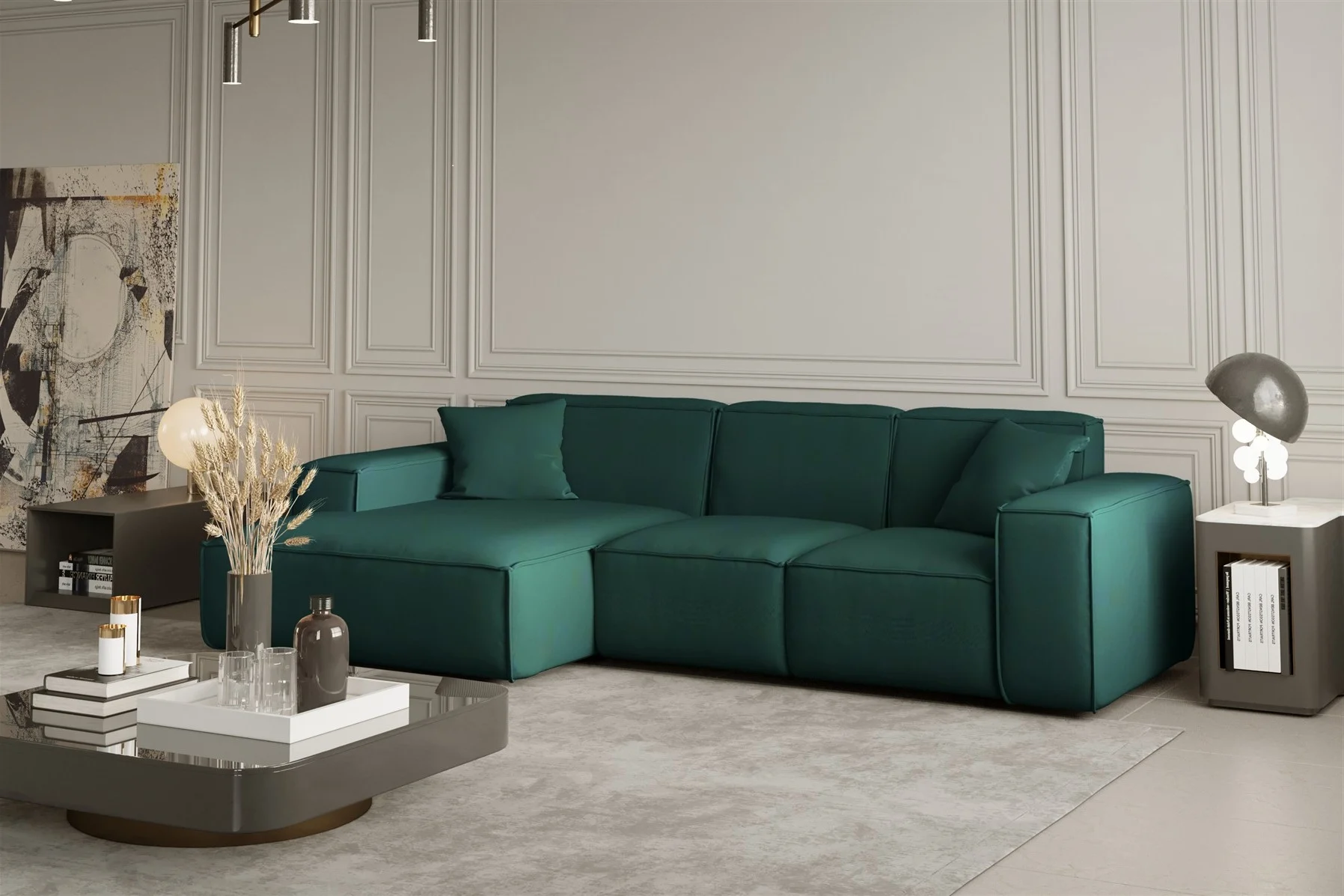 Ecksofa Designersofa CELES in Stoff Opera Velvet Opalgrün Ottomane Links - Fun Moebel