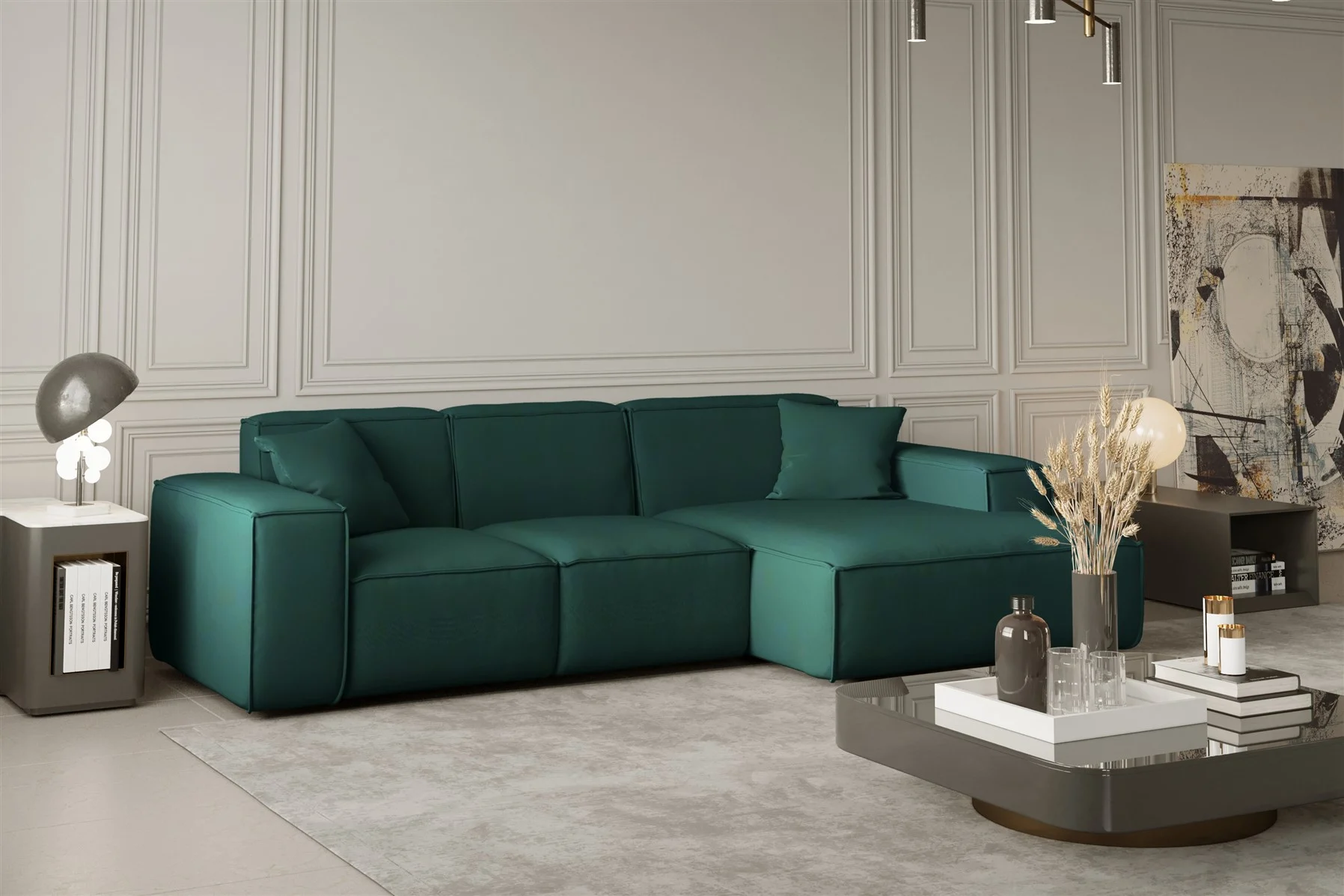 Ecksofa Designersofa CELES in Stoff Opera Velvet Opalgrün Ottomane Rechts - Fun Moebel