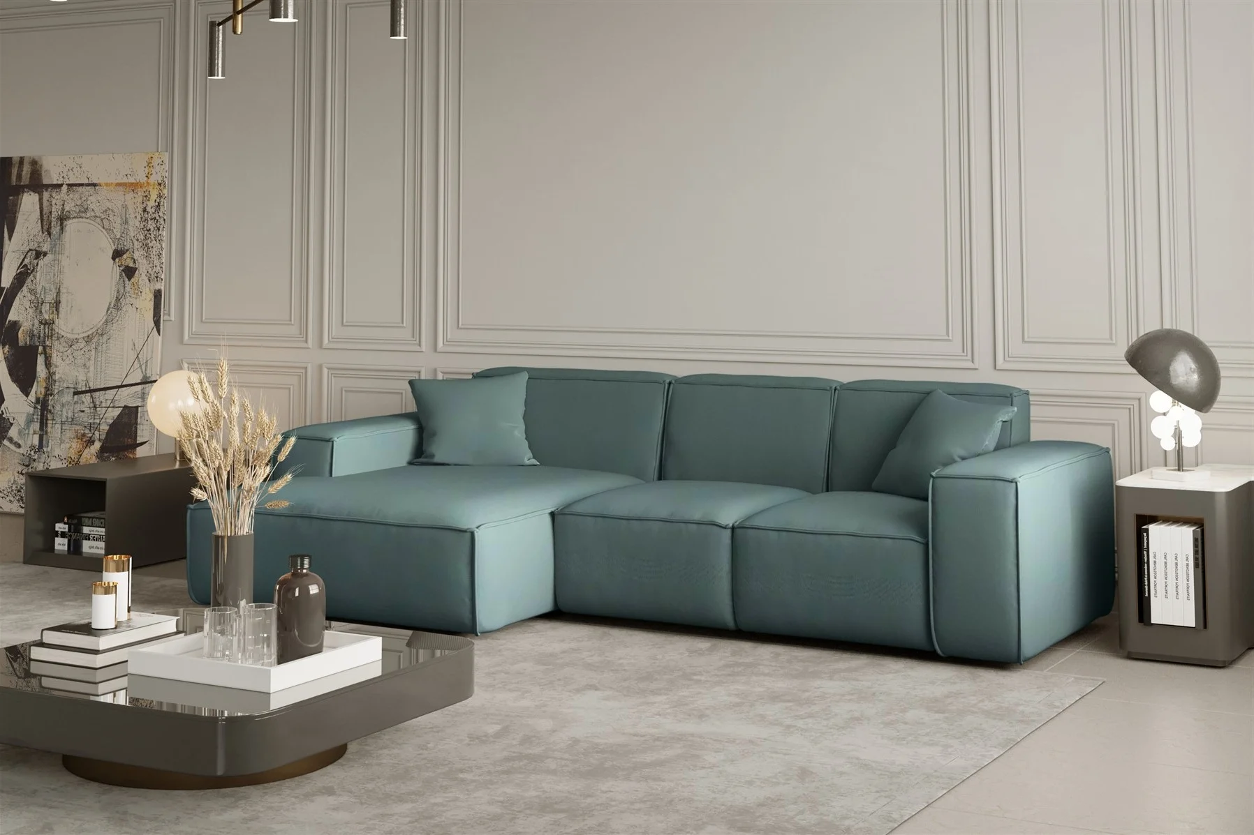 Ecksofa Designersofa CELES in Stoff Opera Velvet Petrol Ottomane Links - Fun Moebel