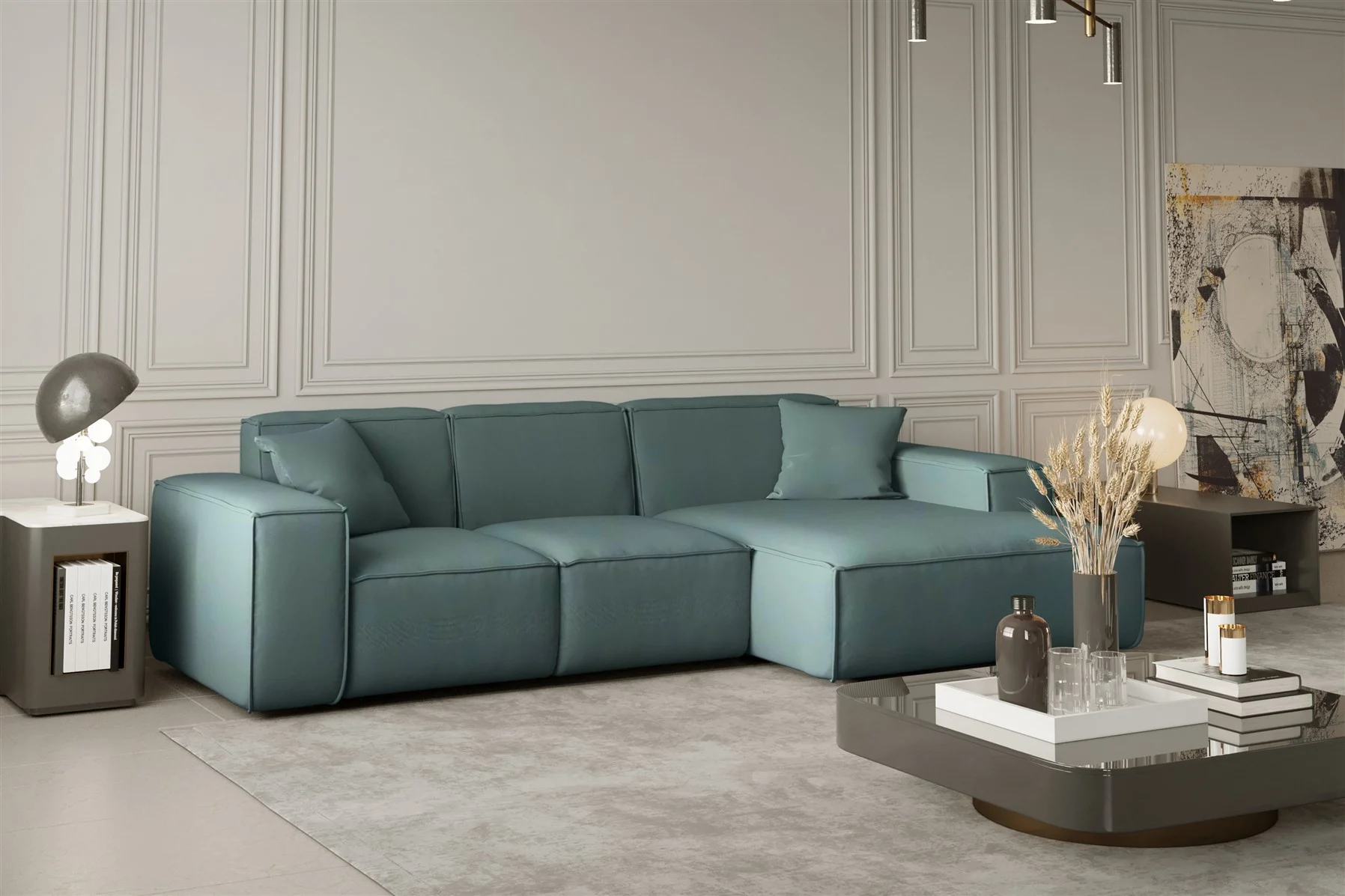 Ecksofa Designersofa CELES in Stoff Opera Velvet Petrol Ottomane Rechts - Fun Moebel