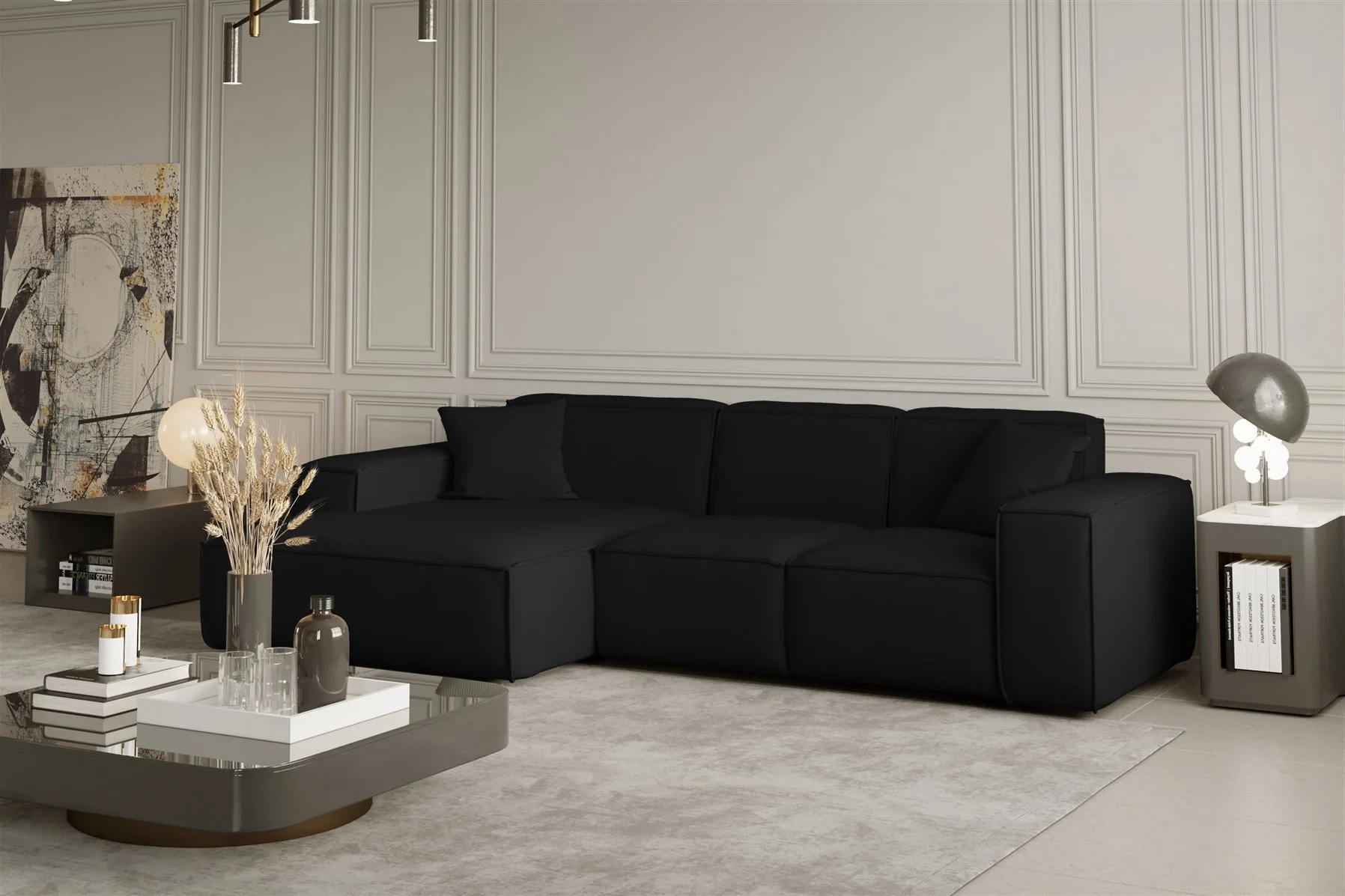 Ecksofa Designersofa CELES in Stoff Opera Velvet Schwarz Ottomane Links - Fun Moebel