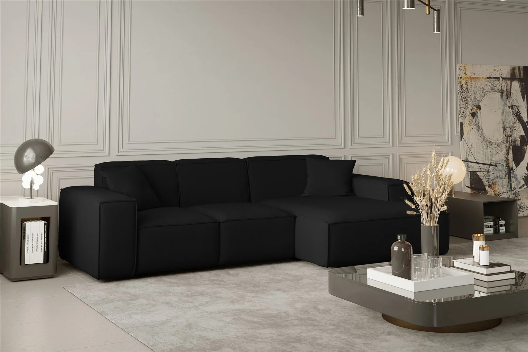 Ecksofa Designersofa CELES in Stoff Opera Velvet Schwarz Ottomane Rechts - Fun Moebel