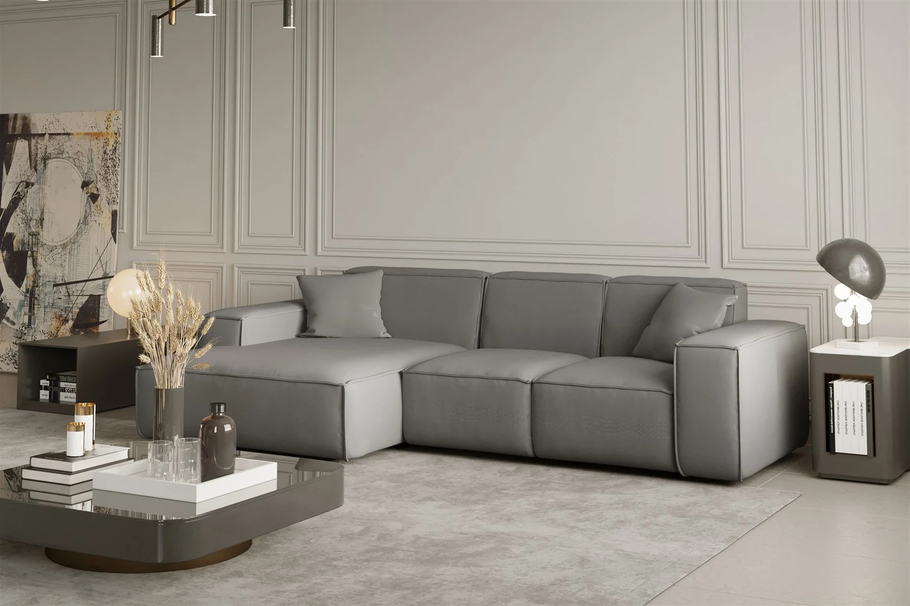 Ecksofa Designersofa CELES in Stoff Opera Velvet Silbergrau Ottomane Links - Fun Moebel