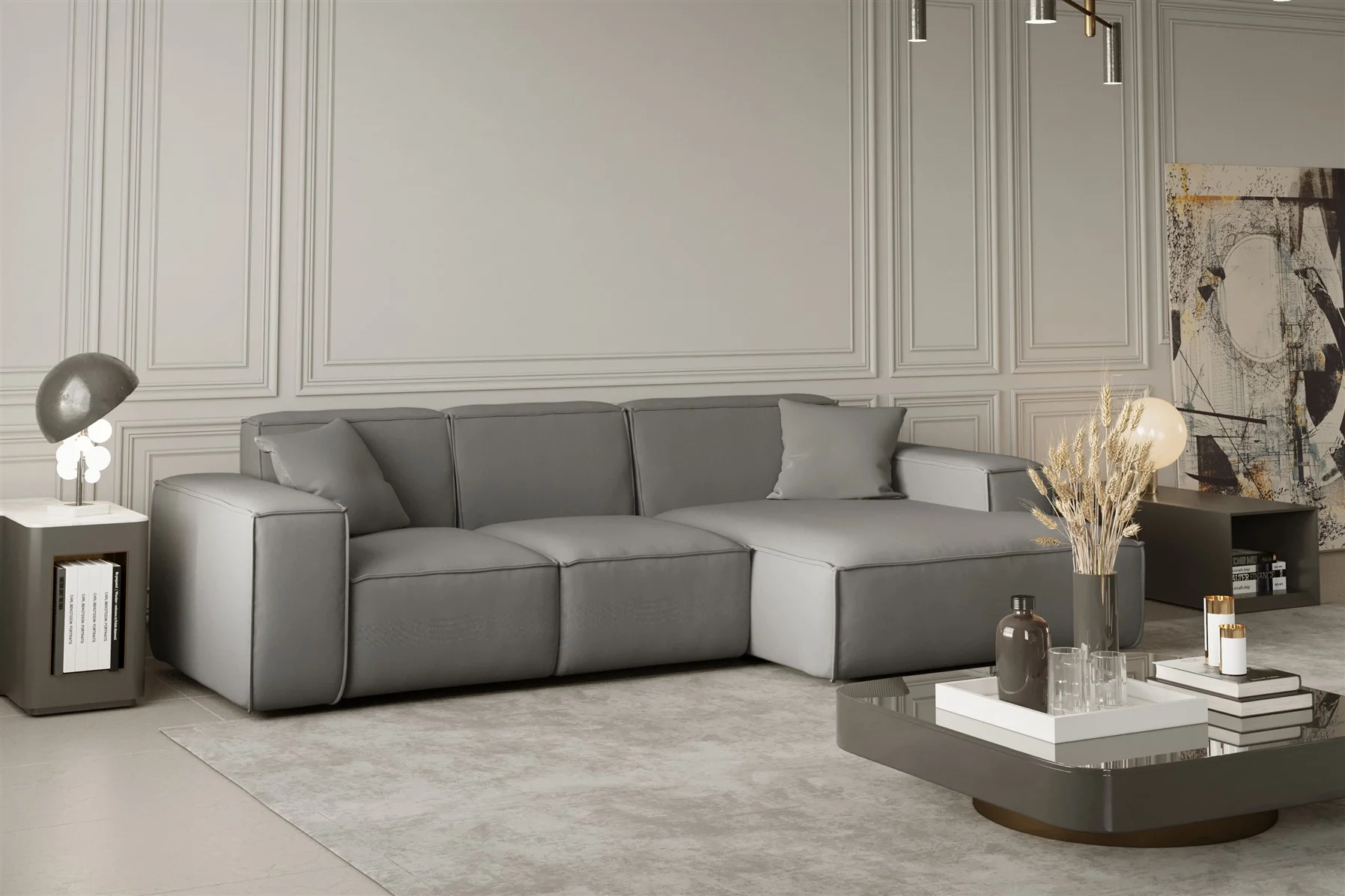 Ecksofa Designersofa CELES in Stoff Opera Velvet Silbergrau Ottomane Rechts - Fun Moebel