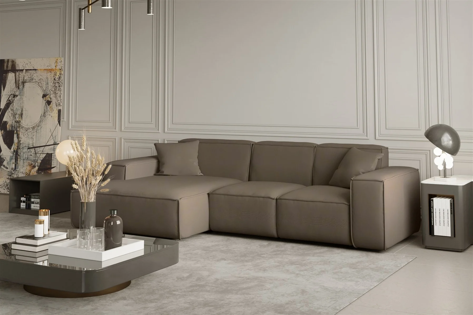 Ecksofa Designersofa CELES in Stoff Opera Velvet Taupe Ottomane Links - Fun Moebel