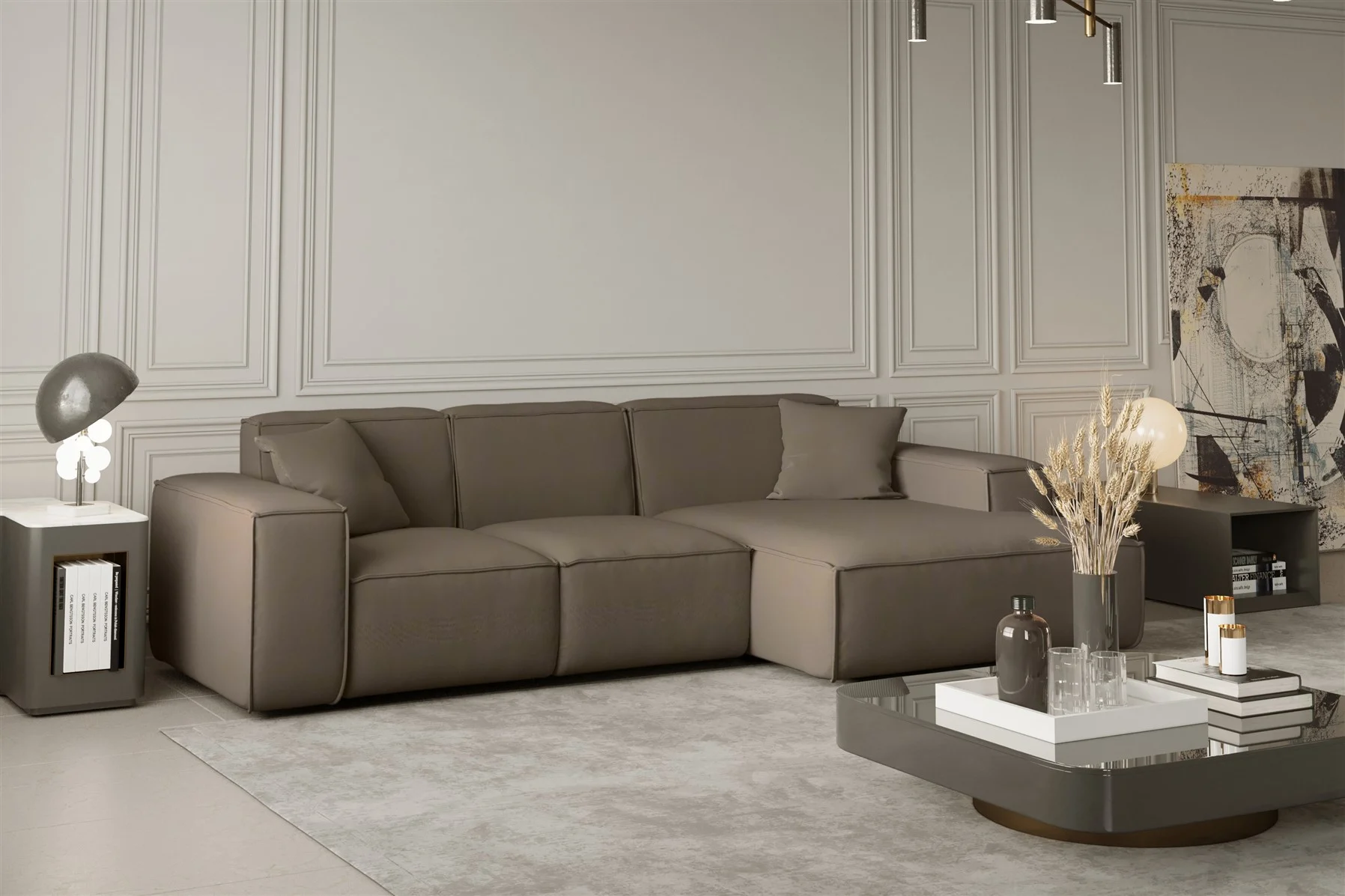 Ecksofa Designersofa CELES in Stoff Opera Velvet Taupe Ottomane Rechts - Fun Moebel