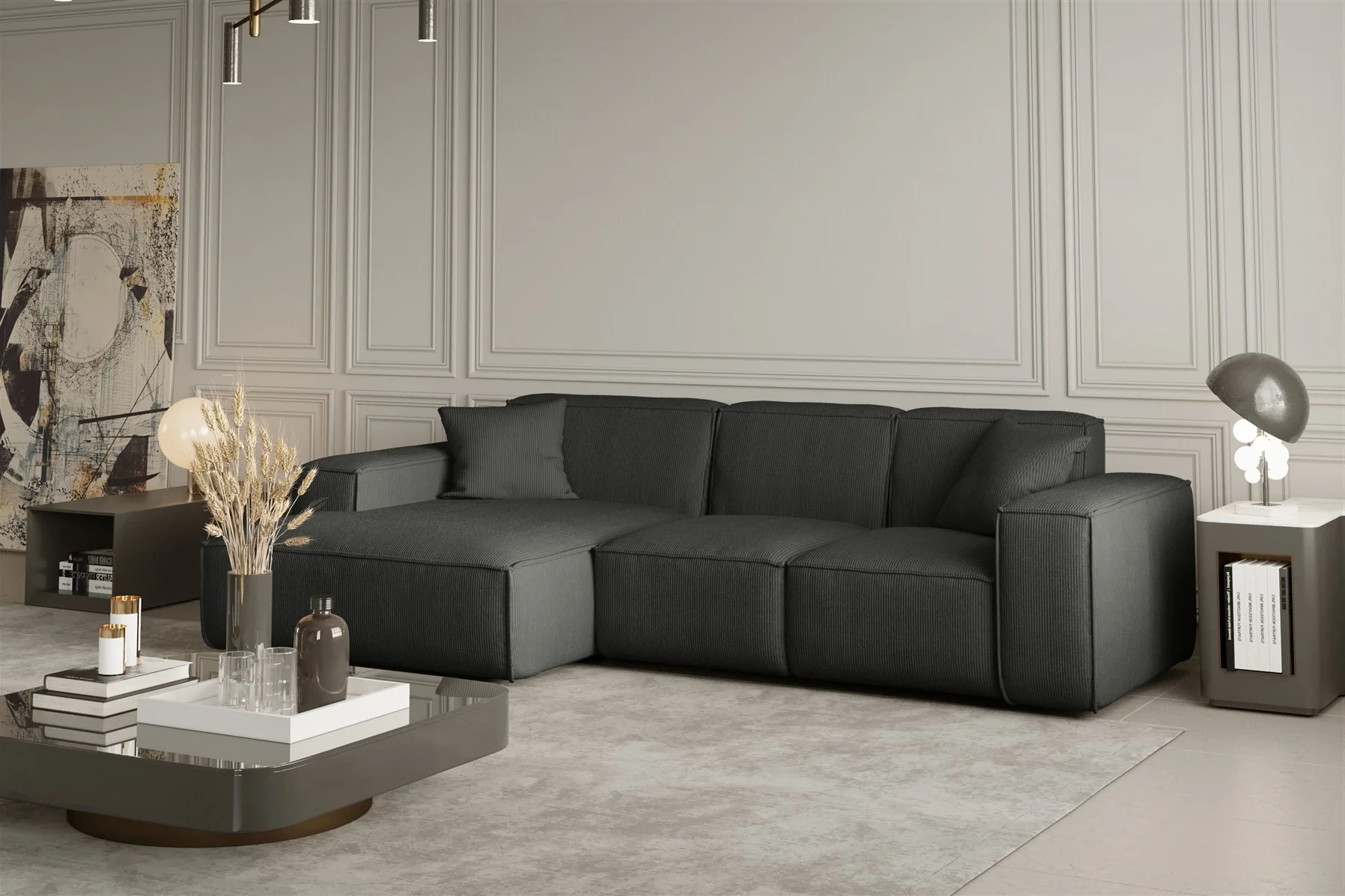 Ecksofa Designersofa CELES in Stoff Scala Anthrazit Ottomane Links - Fun Moebel