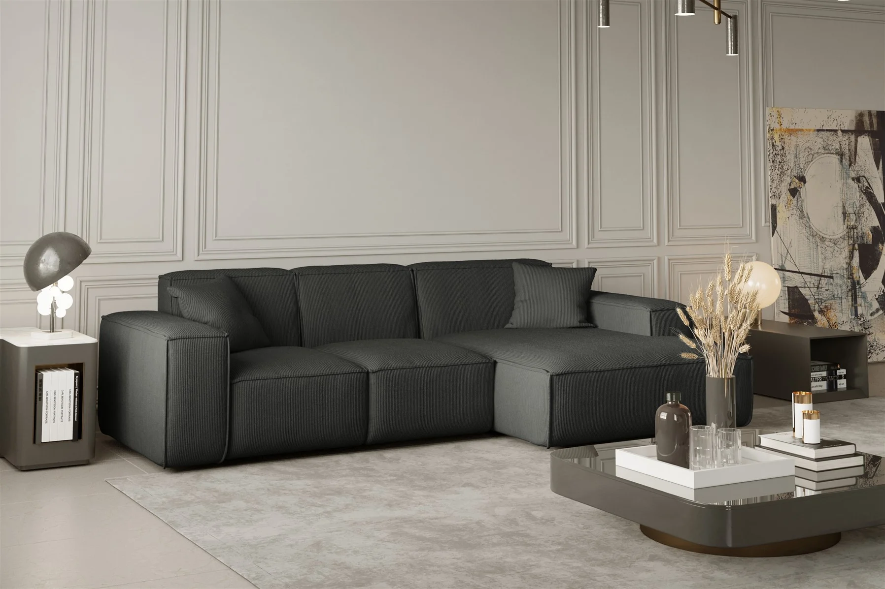 Ecksofa Designersofa CELES in Stoff Scala Anthrazit Ottomane Rechts - Fun Moebel