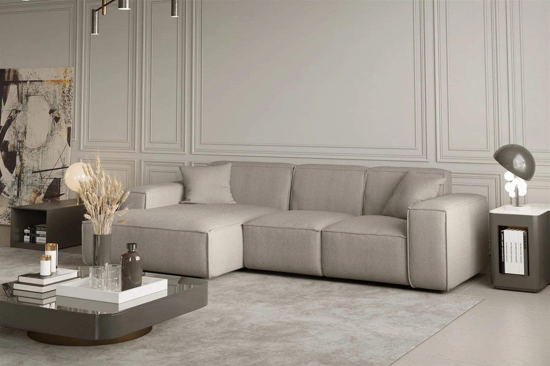 Ecksofa Designersofa CELES in Stoff Scala Beige Ottomane Links - Fun Moebel