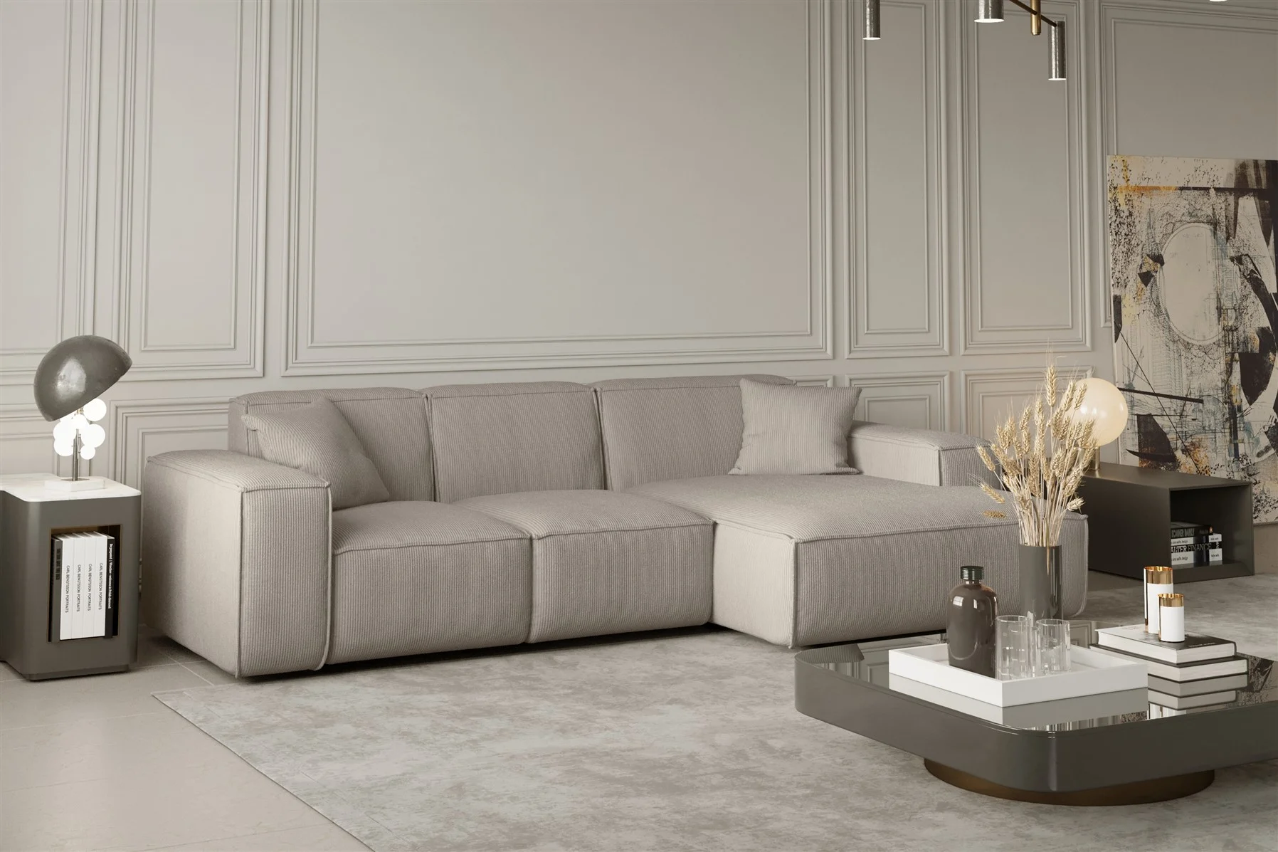 Ecksofa Designersofa CELES in Stoff Scala Beige Ottomane Rechts - Fun Moebel
