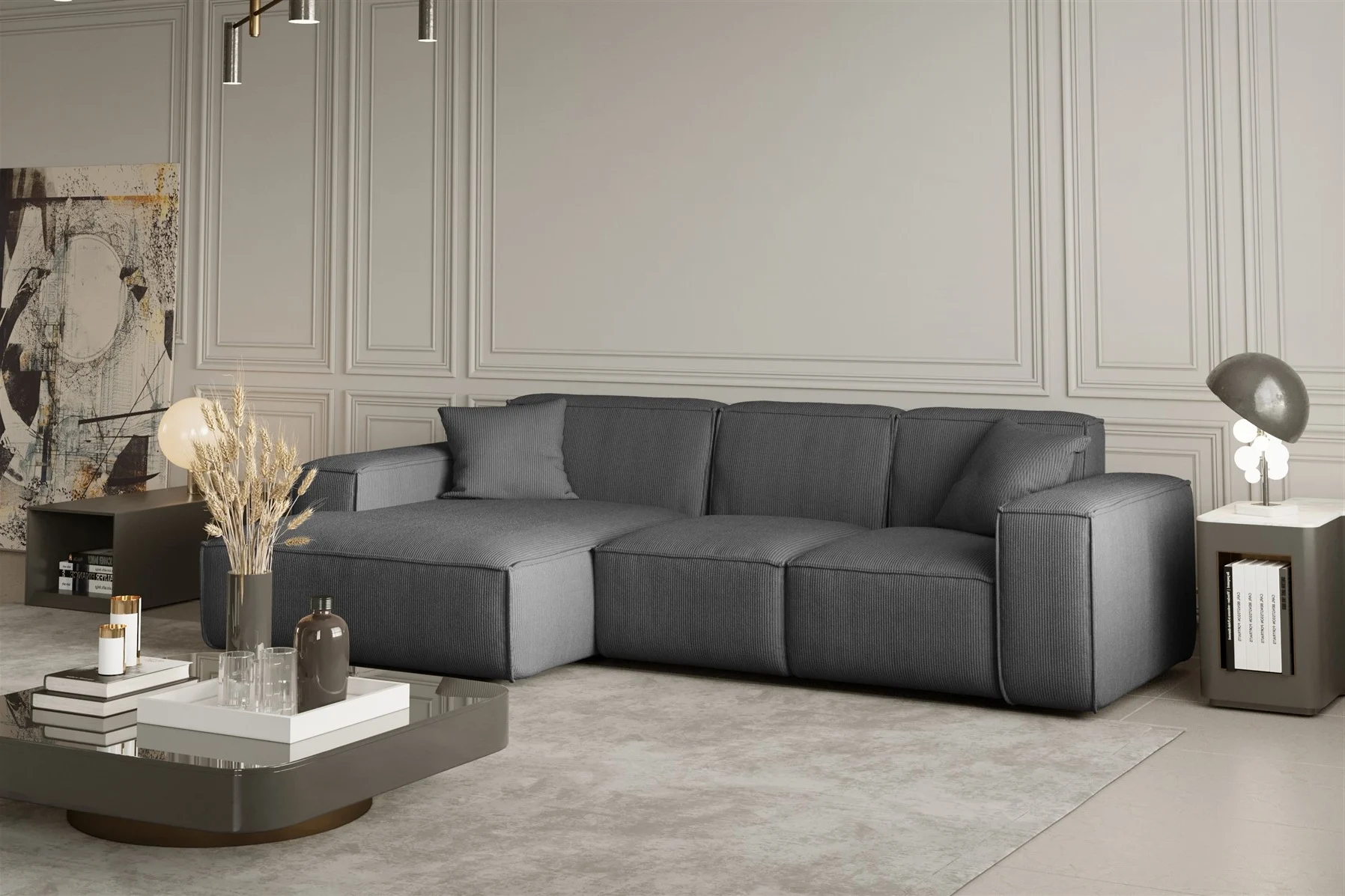 Ecksofa Designersofa CELES in Stoff Scala Grau Ottomane Links - Fun Moebel