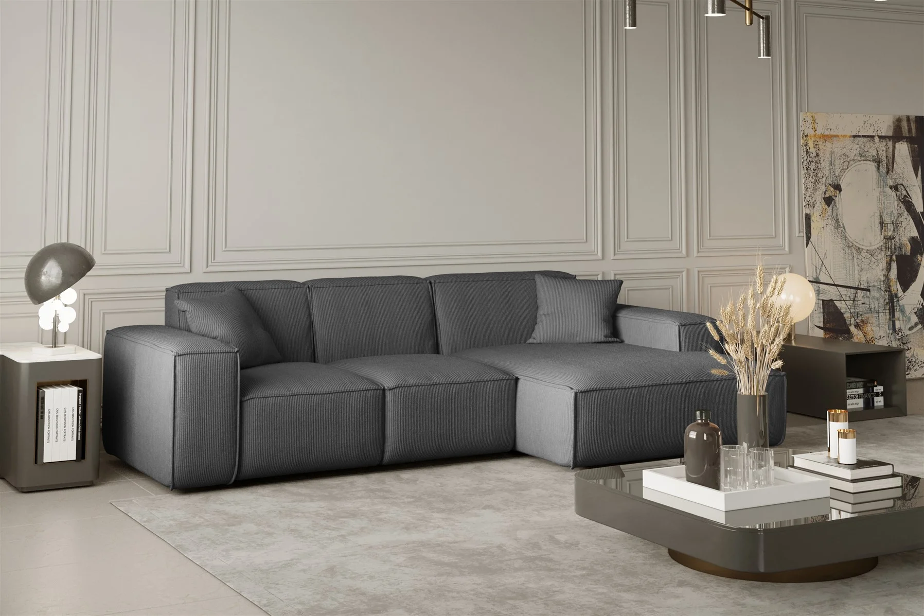 Ecksofa Designersofa CELES in Stoff Scala Grau Ottomane Rechts - Fun Moebel