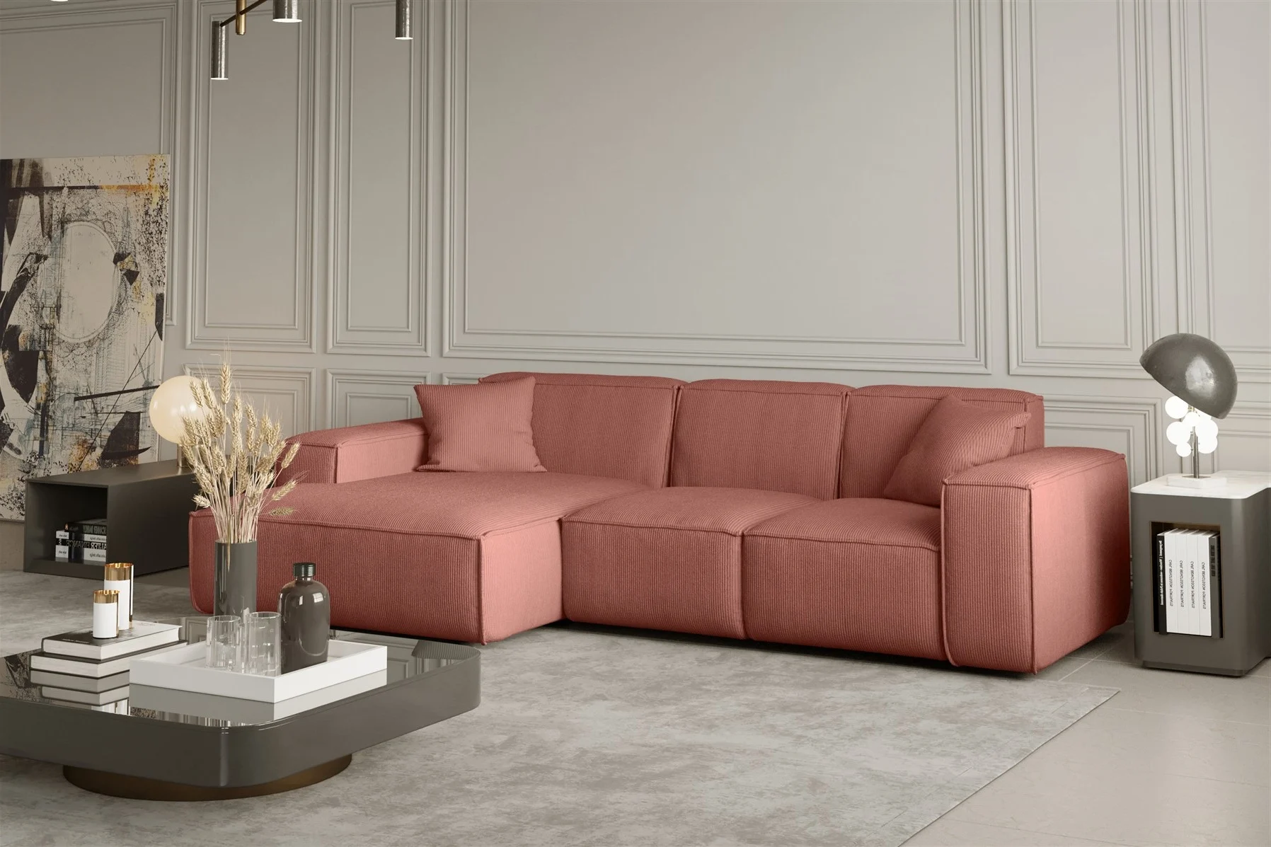Ecksofa Designersofa CELES in Stoff Scala Koralle Ottomane Links - Fun Moebel
