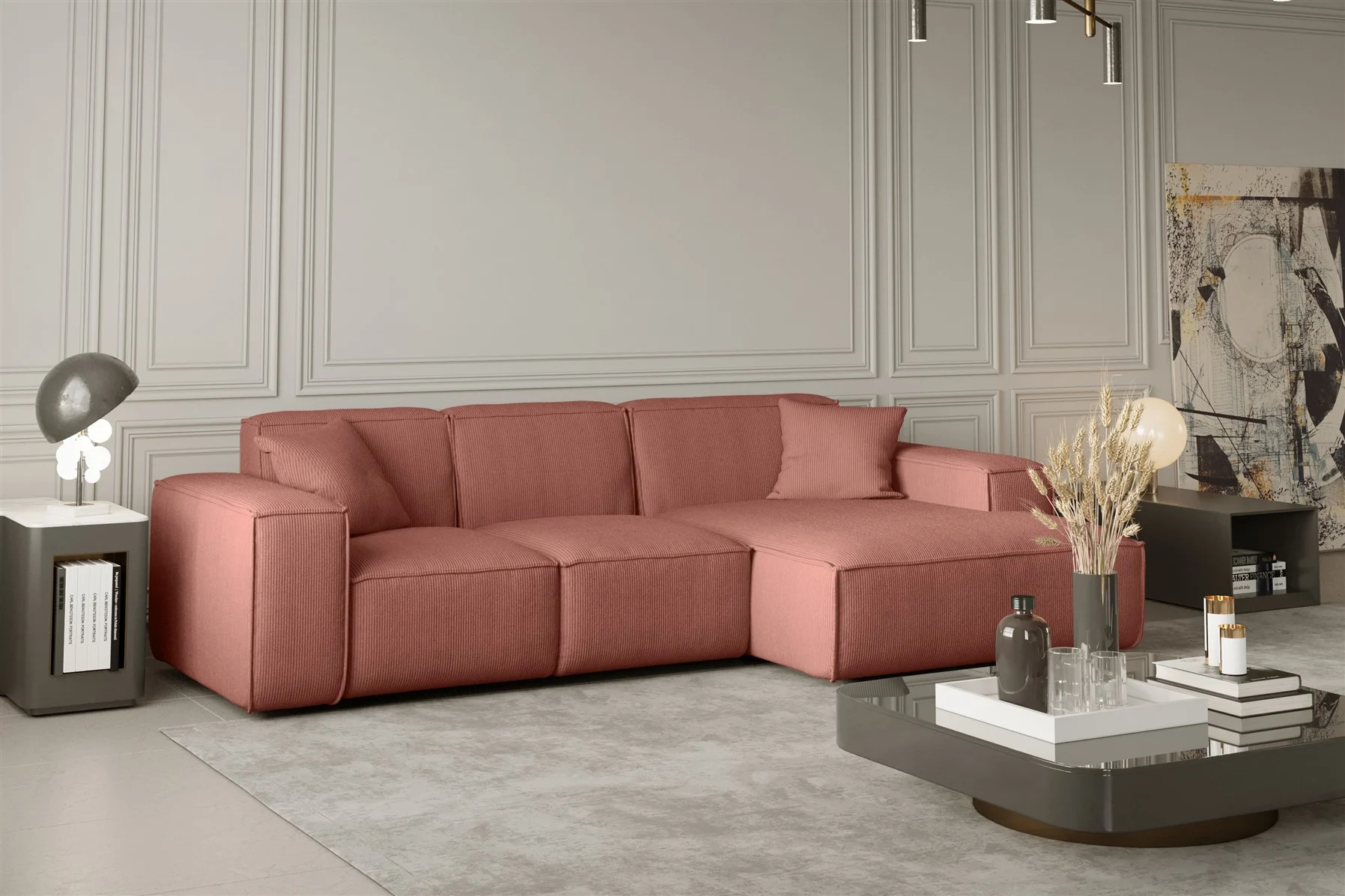 Ecksofa Designersofa CELES in Stoff Scala Koralle Ottomane Rechts - Fun Moebel