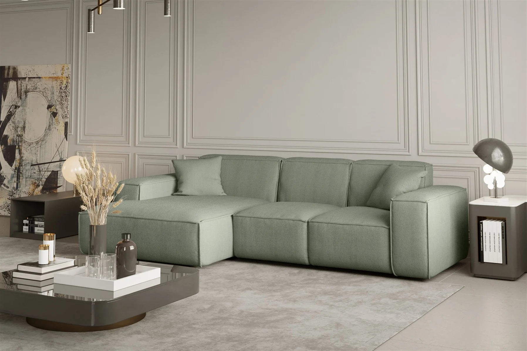 Ecksofa Designersofa CELES in Stoff Scala Olivgrün Ottomane Links - Fun Moebel