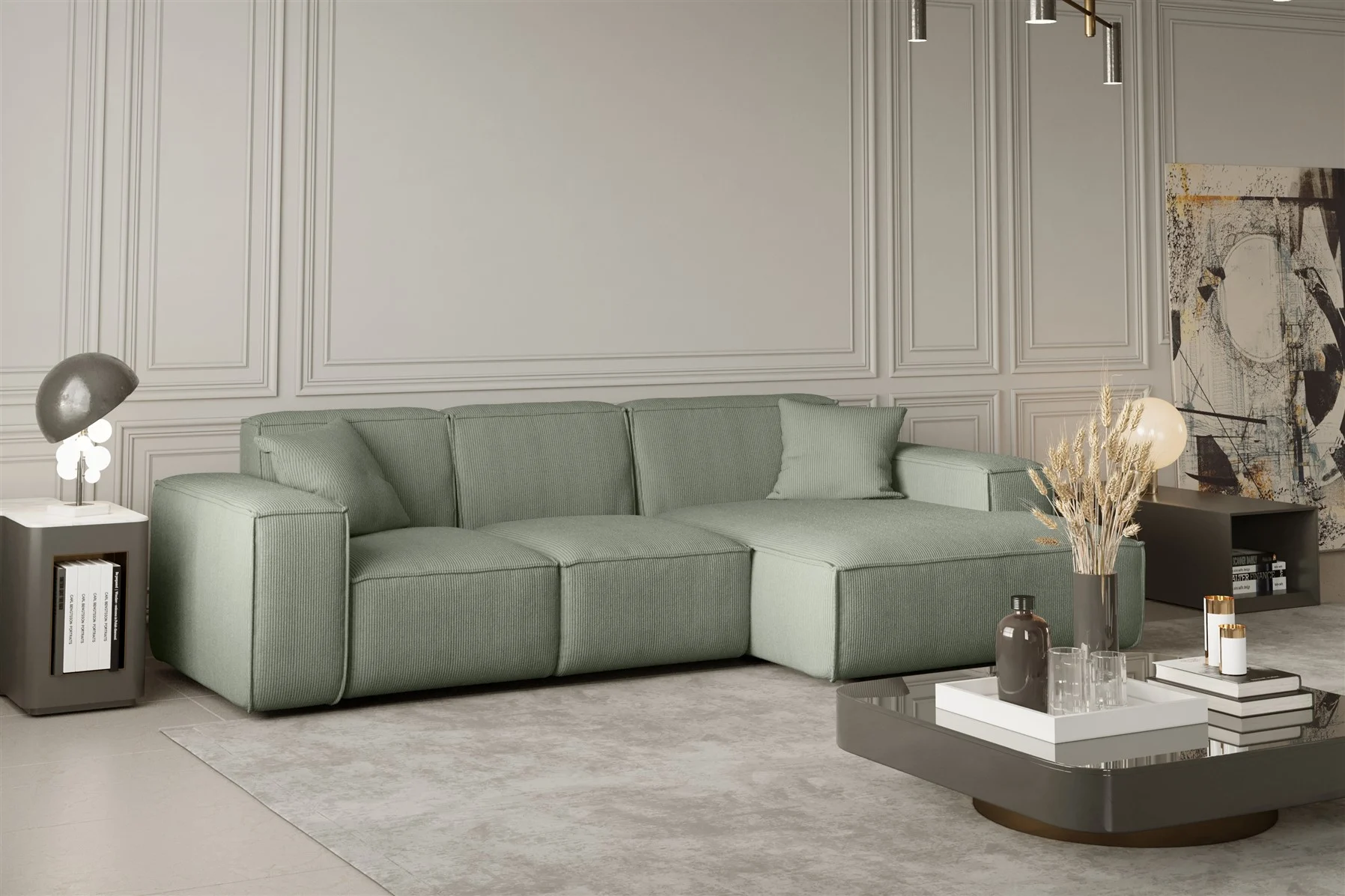 Ecksofa Designersofa CELES in Stoff Scala Olivgrün Ottomane Rechts - Fun Moebel