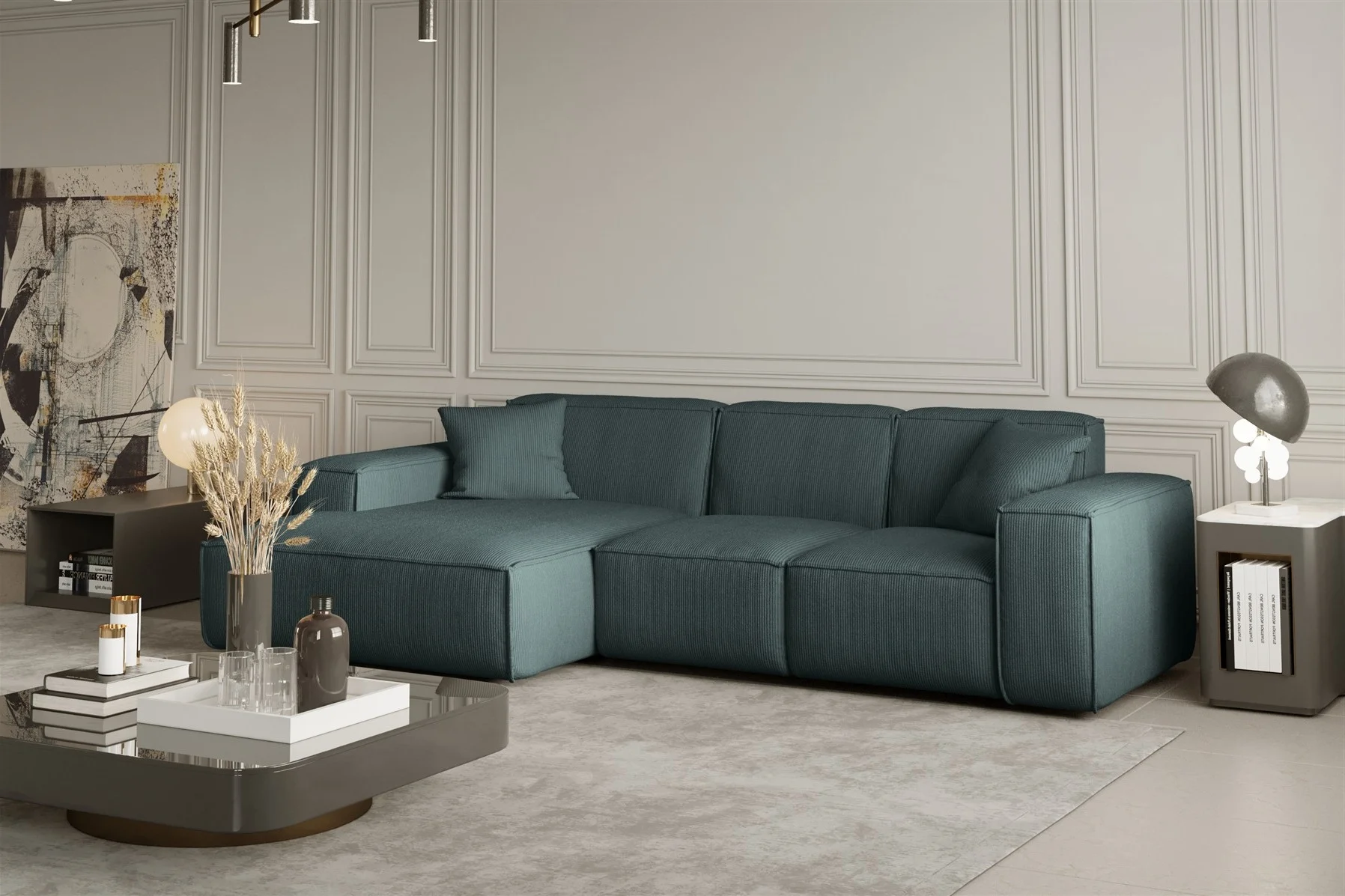 Ecksofa Designersofa CELES in Stoff Scala Petrol Ottomane Links - Fun Moebel
