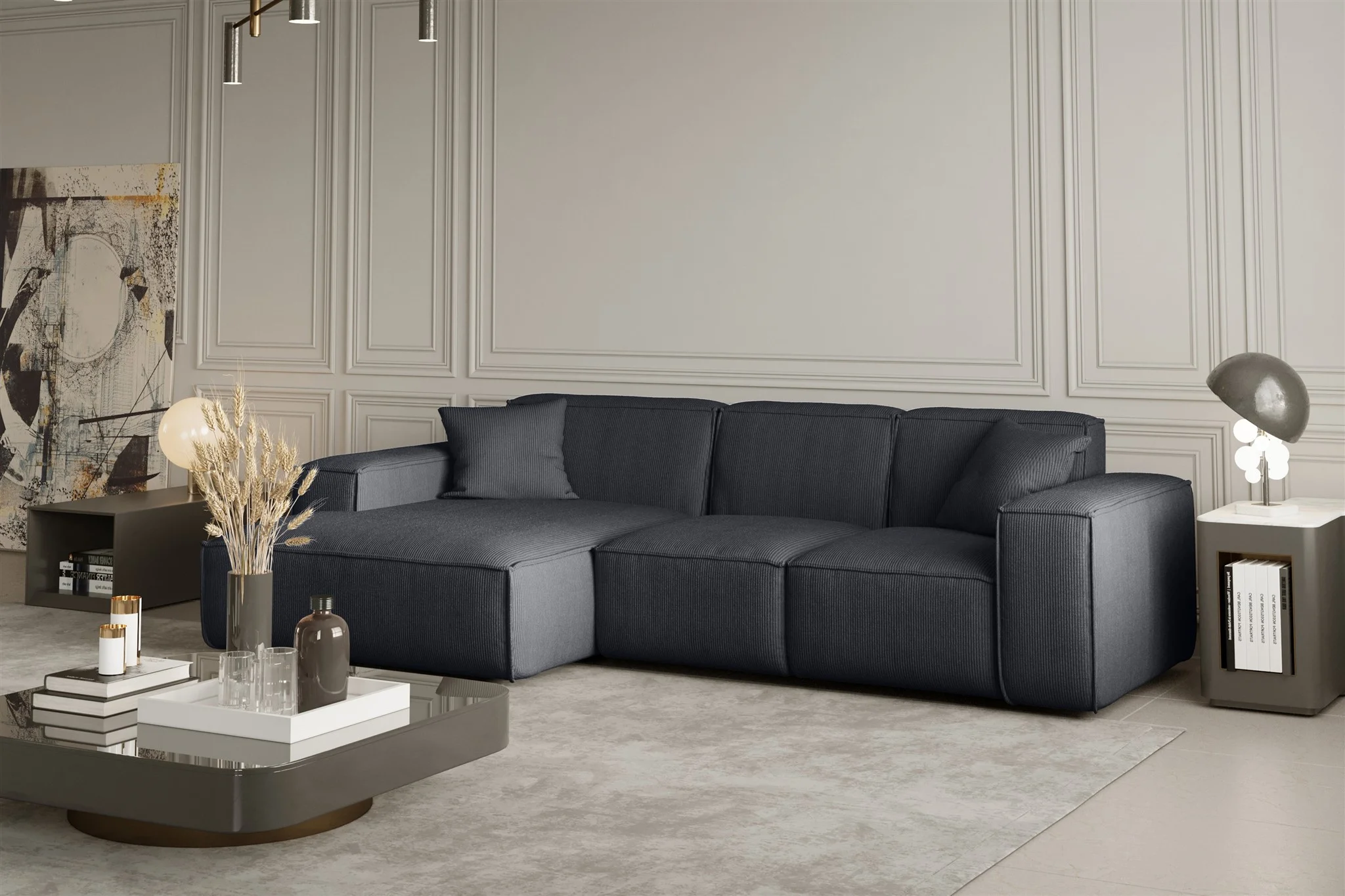 Ecksofa Designersofa CELES in Stoff Scala Schwarz Ottomane Links - Fun Moebel