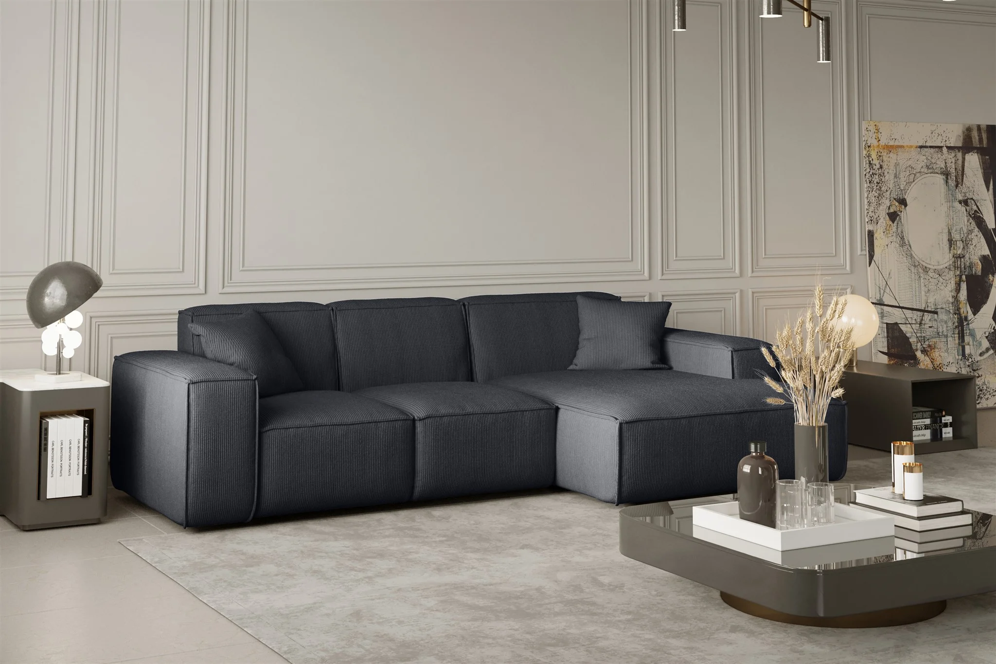 Ecksofa Designersofa CELES in Stoff Scala Schwarz Ottomane Rechts - Fun Moebel